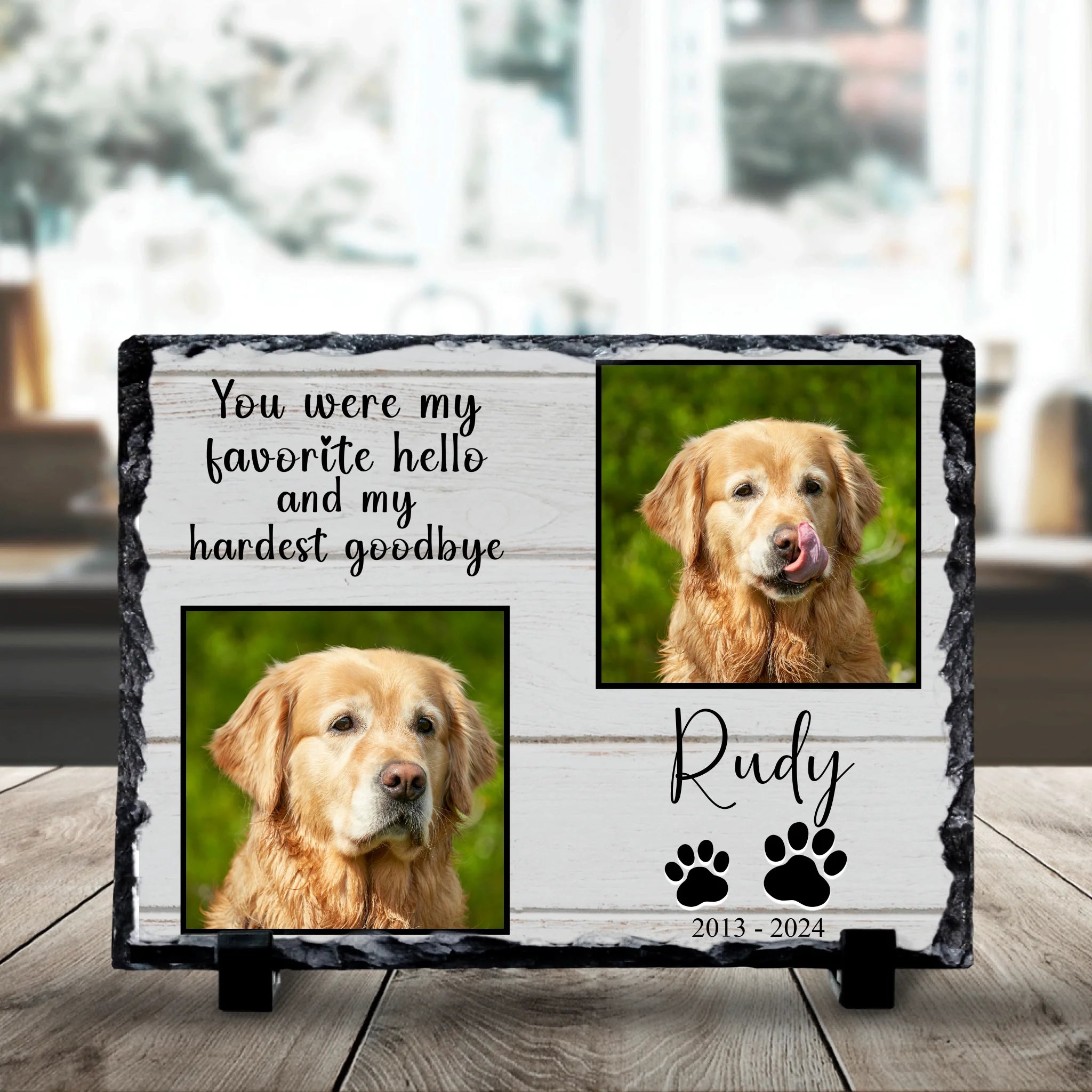 19x14cm personalised photo slate showing custom pet memorial design with two photo panels