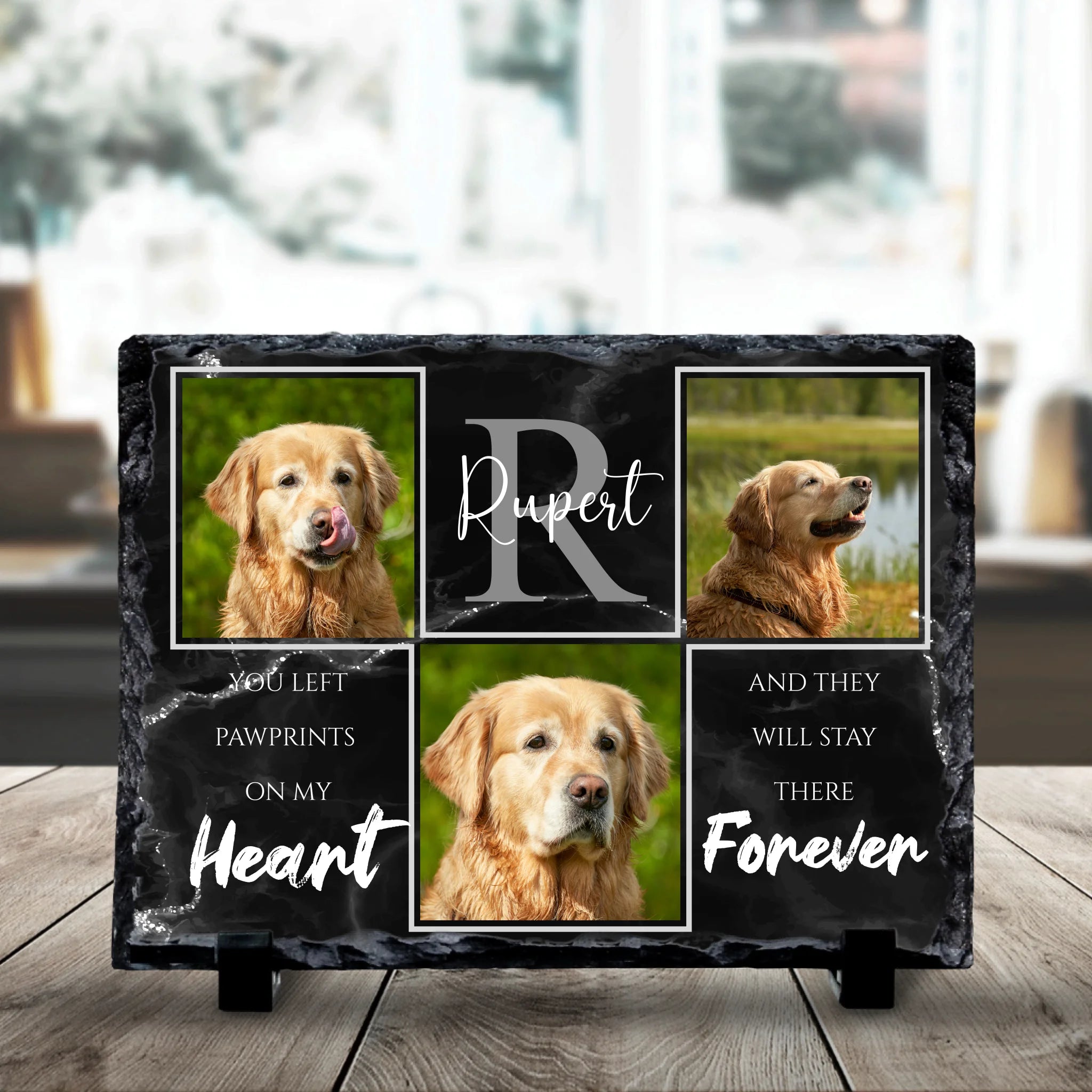 Custom photo slate memorial gift showing three pet photos on natural slate