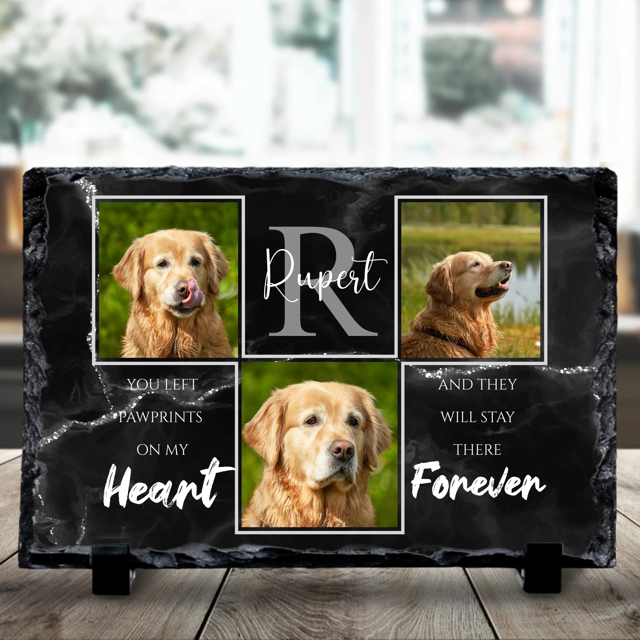 Close-up of personalised photo slate with pawprint memorial design and three photos