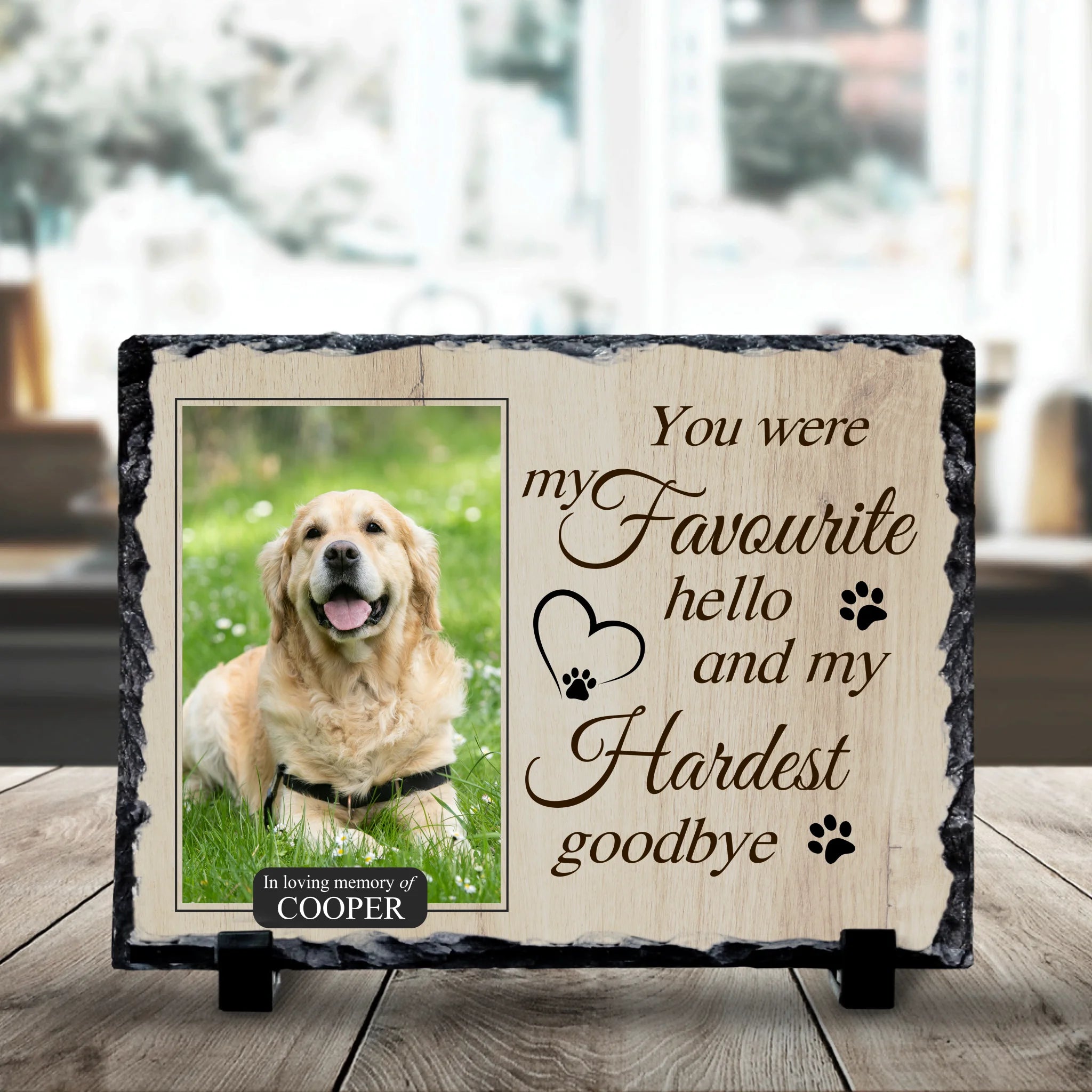 19x14cm custom photo slate showing personalised pet memorial print on natural slate