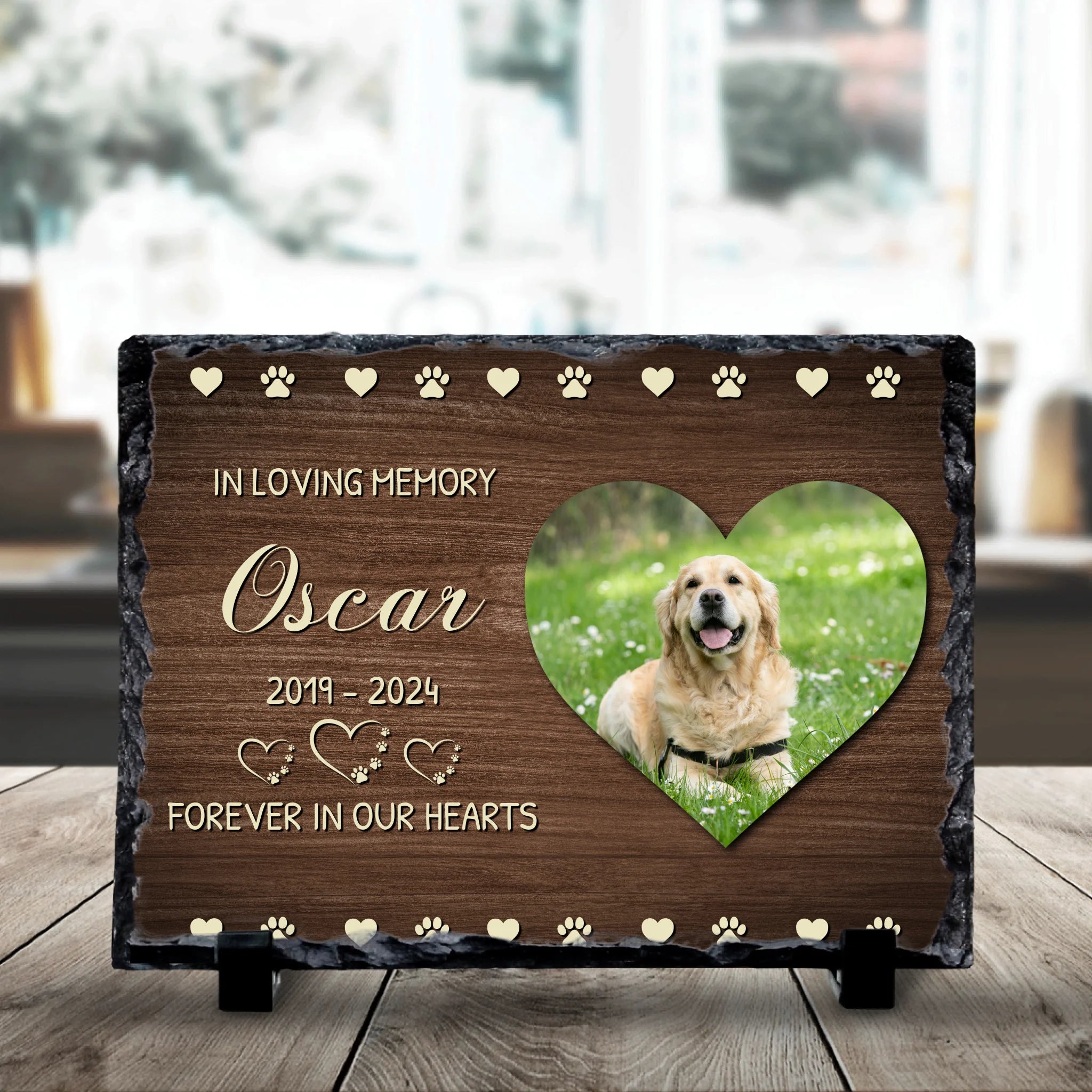 19x14cm personalised photo slate for pet memorial, showing printed photo on natural slate