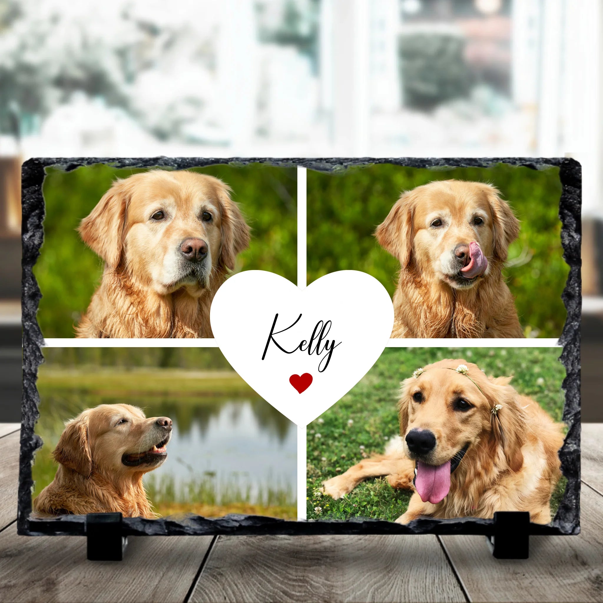 Close-up of a personalised photo slate with four photos and a name printed on slate