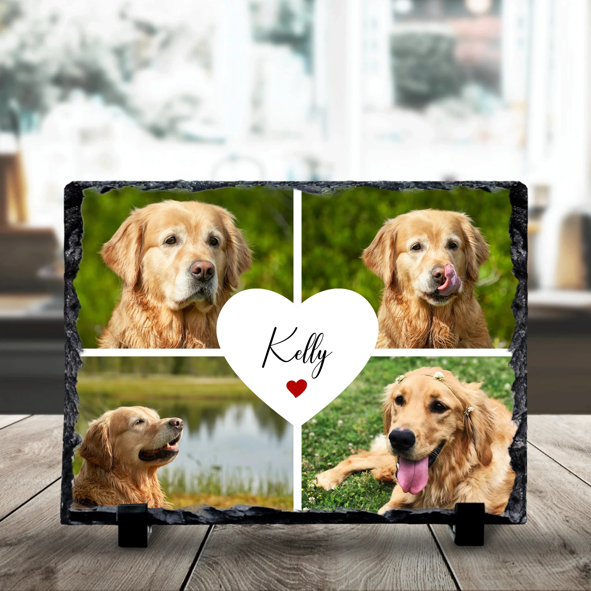 Custom photo slate showing four photo layout with personalised name and heart detail