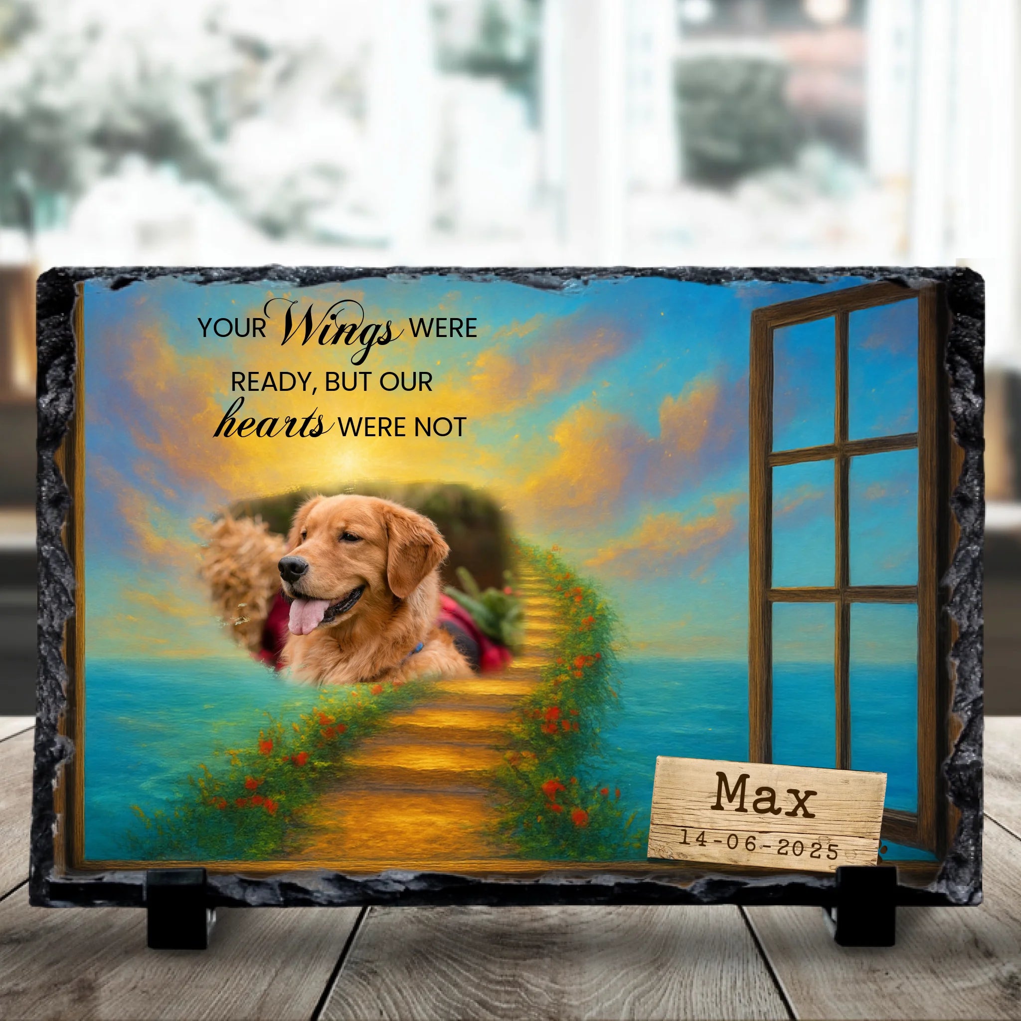 Custom photo slate gift showing Your Wings Were Ready text with uploaded photo
