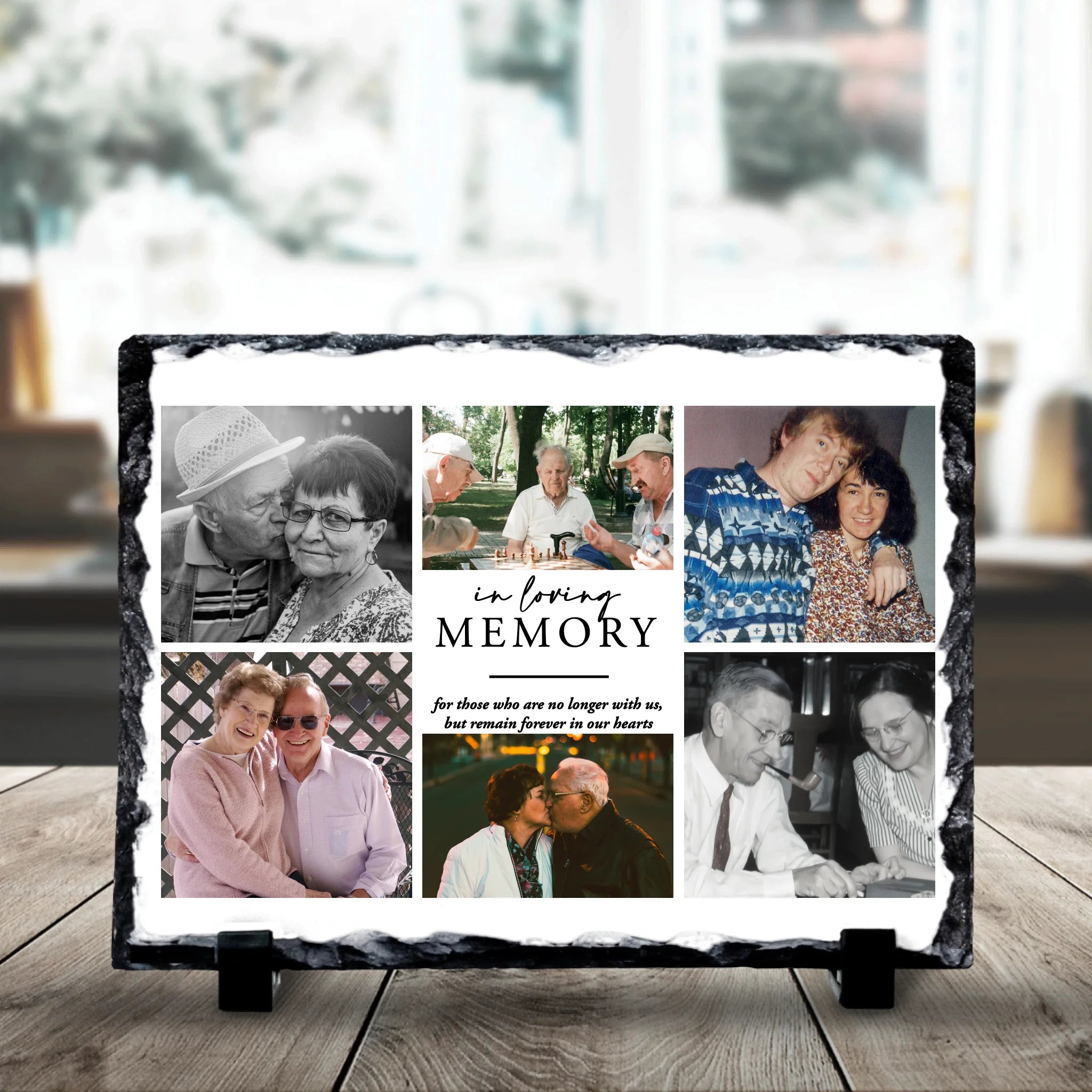 19x14cm personalised photo slate showing custom memorial print on dark natural slate tile