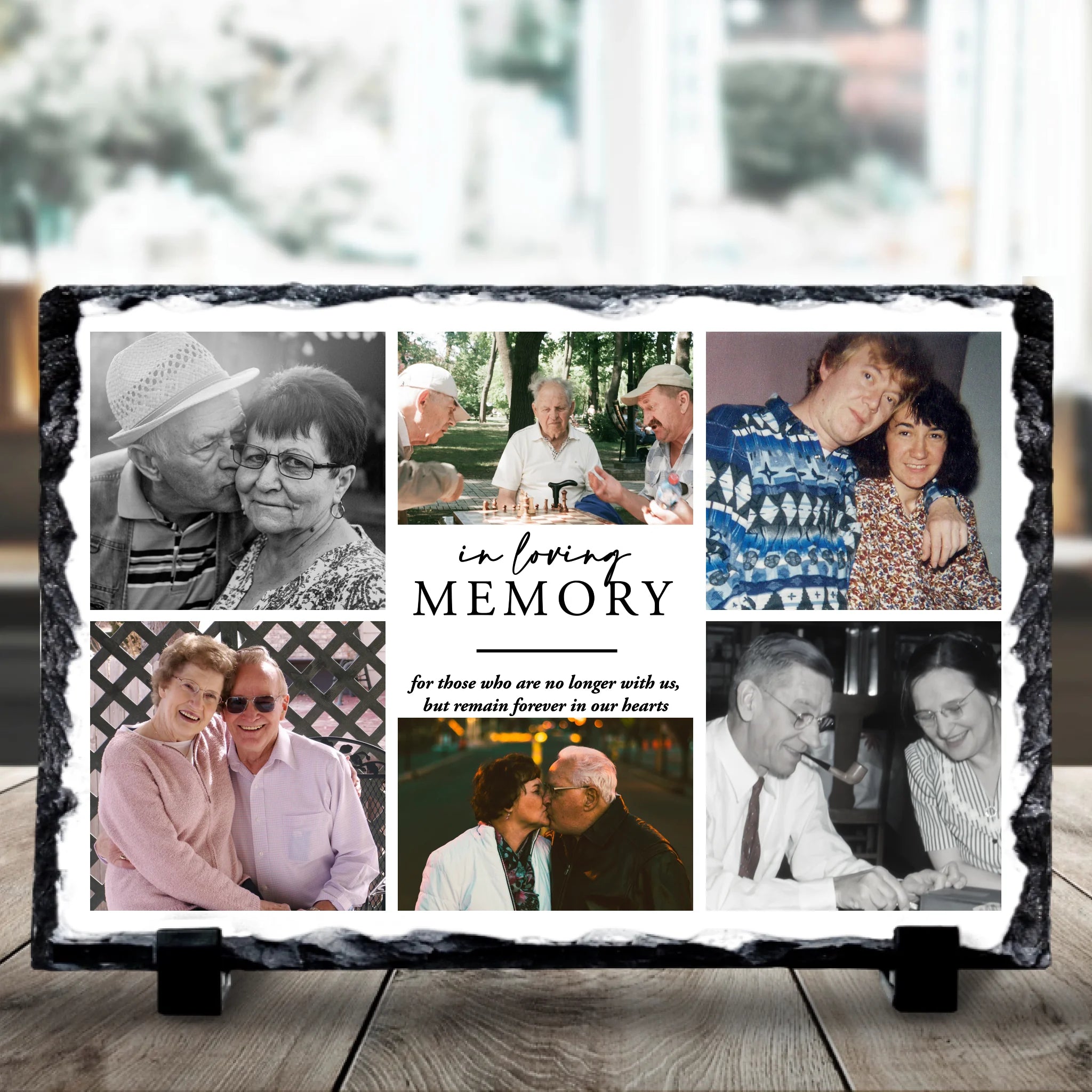 Personalised memorial photo slate with In Loving Memory text and custom photo printed on natural slate