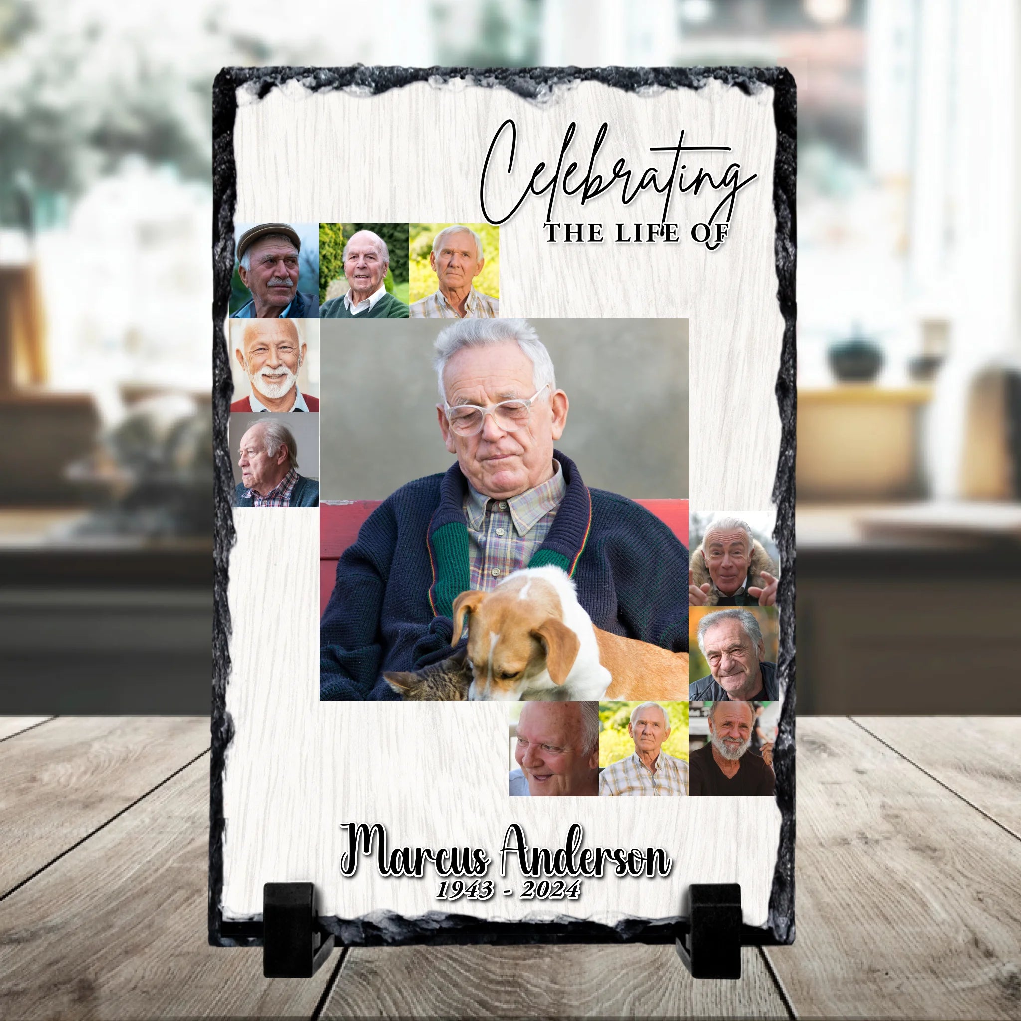 Personalised memorial photo slate with 11 photos displayed as a home keepsake