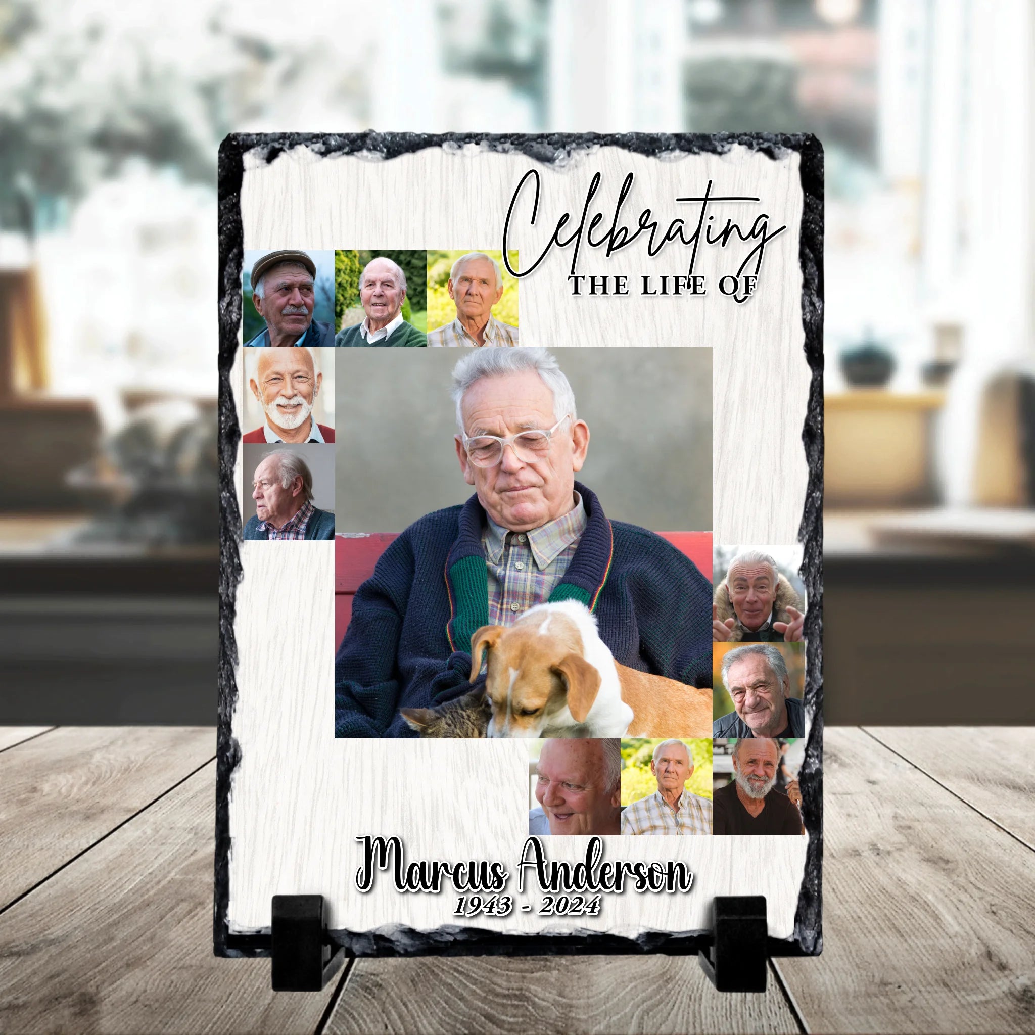 Close-up of a personalised photo slate memorial gift showing multiple photo layout and text detail