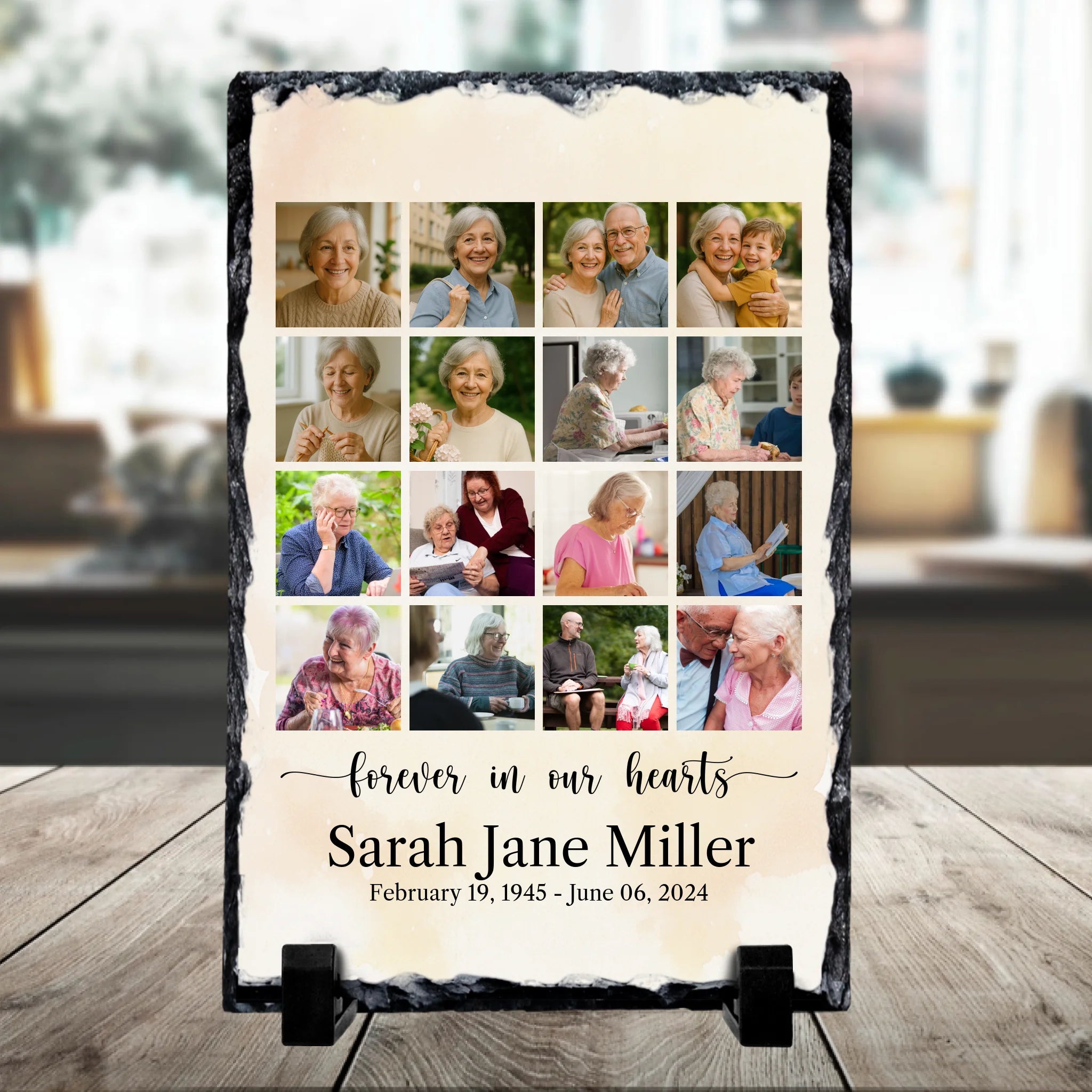 Close-up of a personalised photo slate with multiple photos printed on natural slate