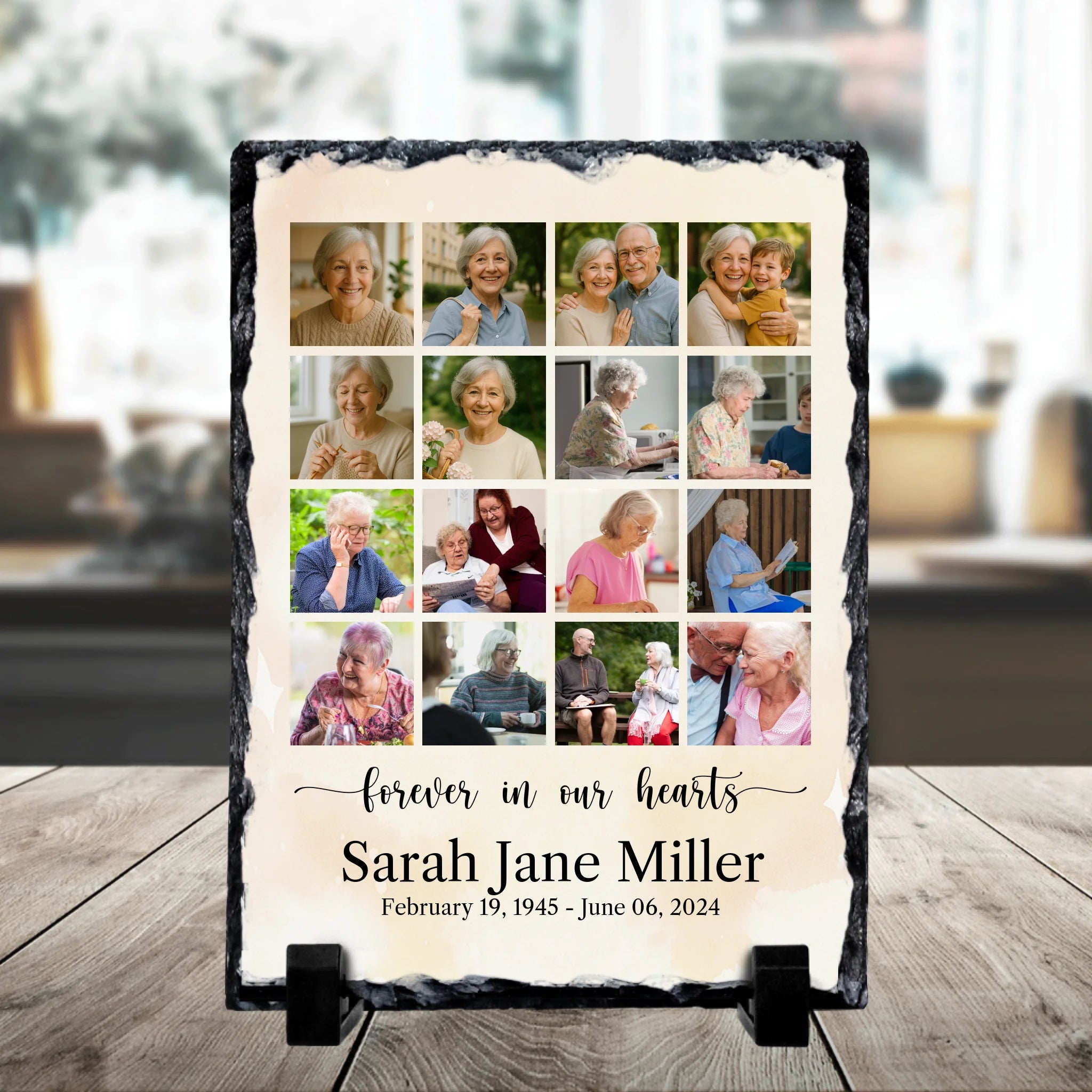 Custom personalised photo slate memorial gift displayed in a home setting