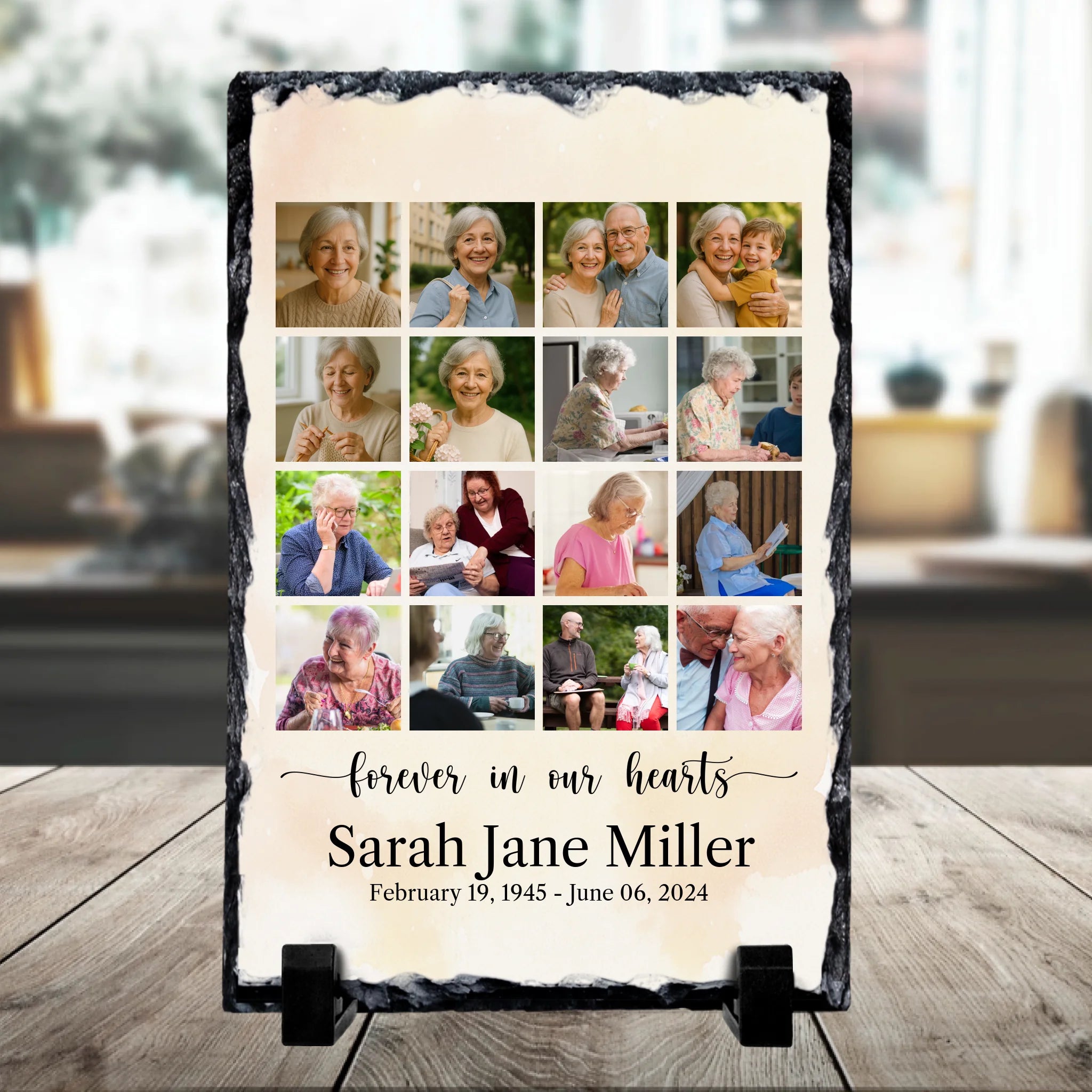 Personalised memorial photo slate showing 16 photos arranged with 'Forever In Our Hearts' text