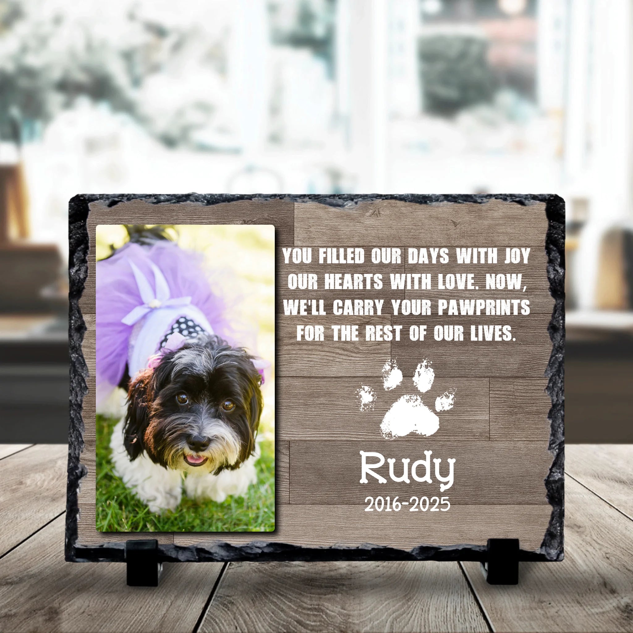 19x14cm personalised photo slate showing a pet memorial design with custom text