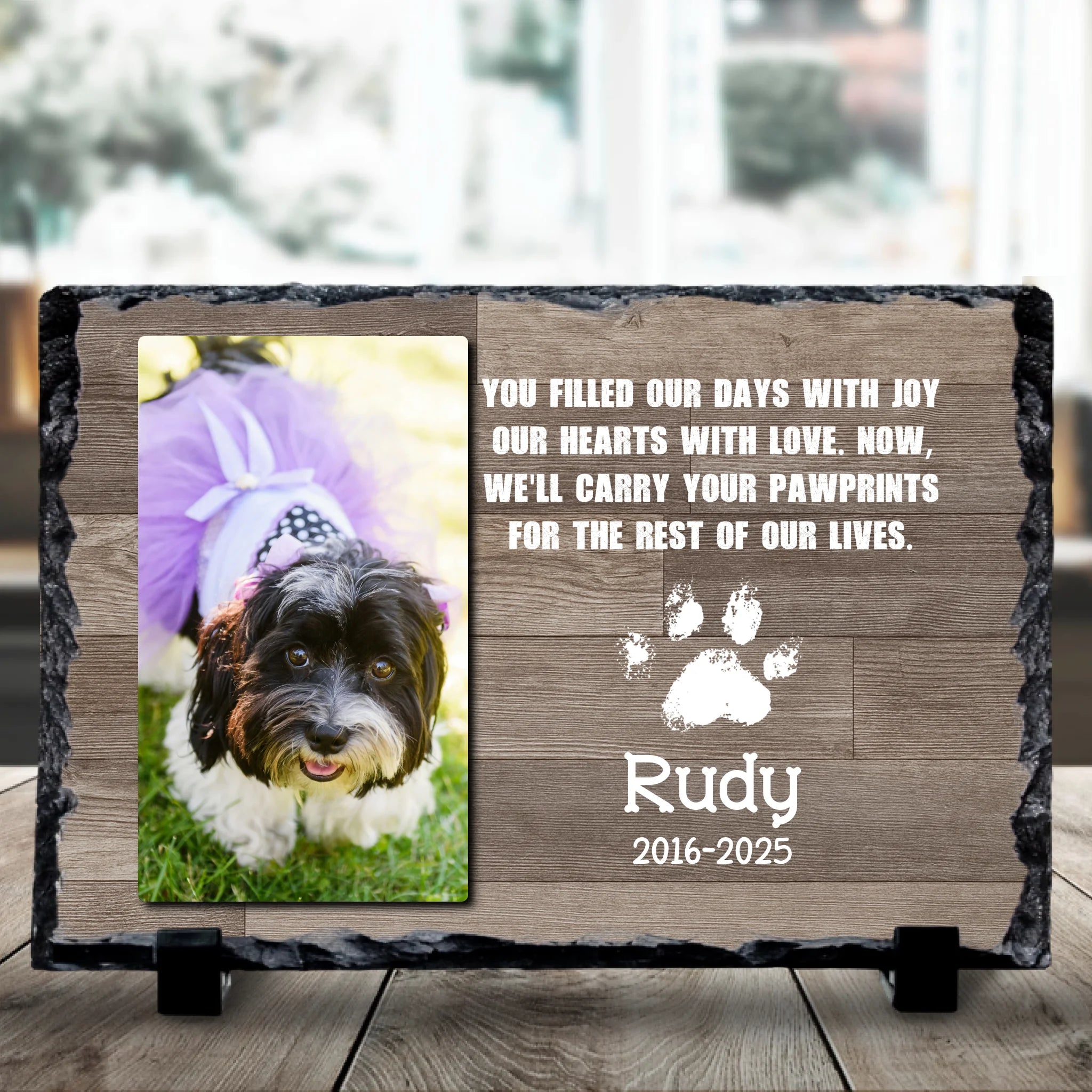 Close-up of a custom photo slate pet memorial gift from Scottsy