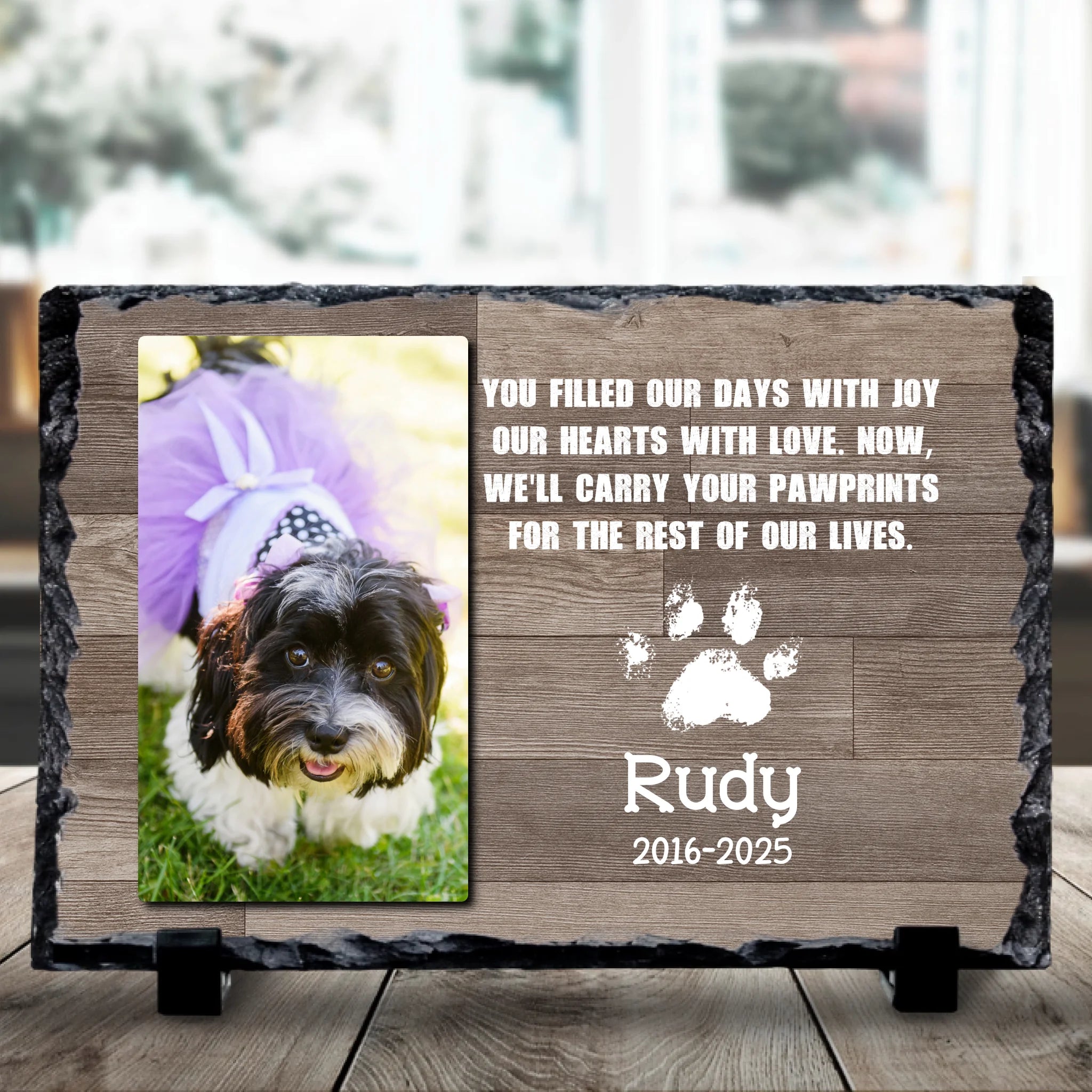 Personalised pet memorial photo slate printed with a custom photo and the words You Filled Our Days With Joy