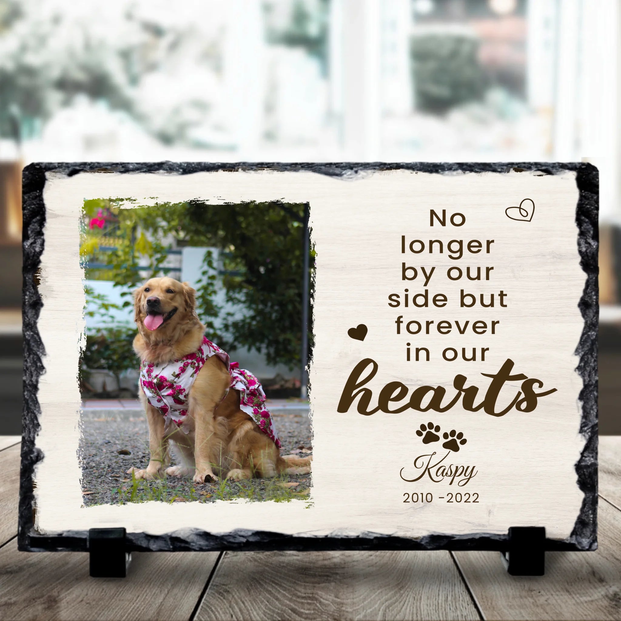 Personalised pet memorial photo slate printed with a pet photo and Forever In Our Hearts text