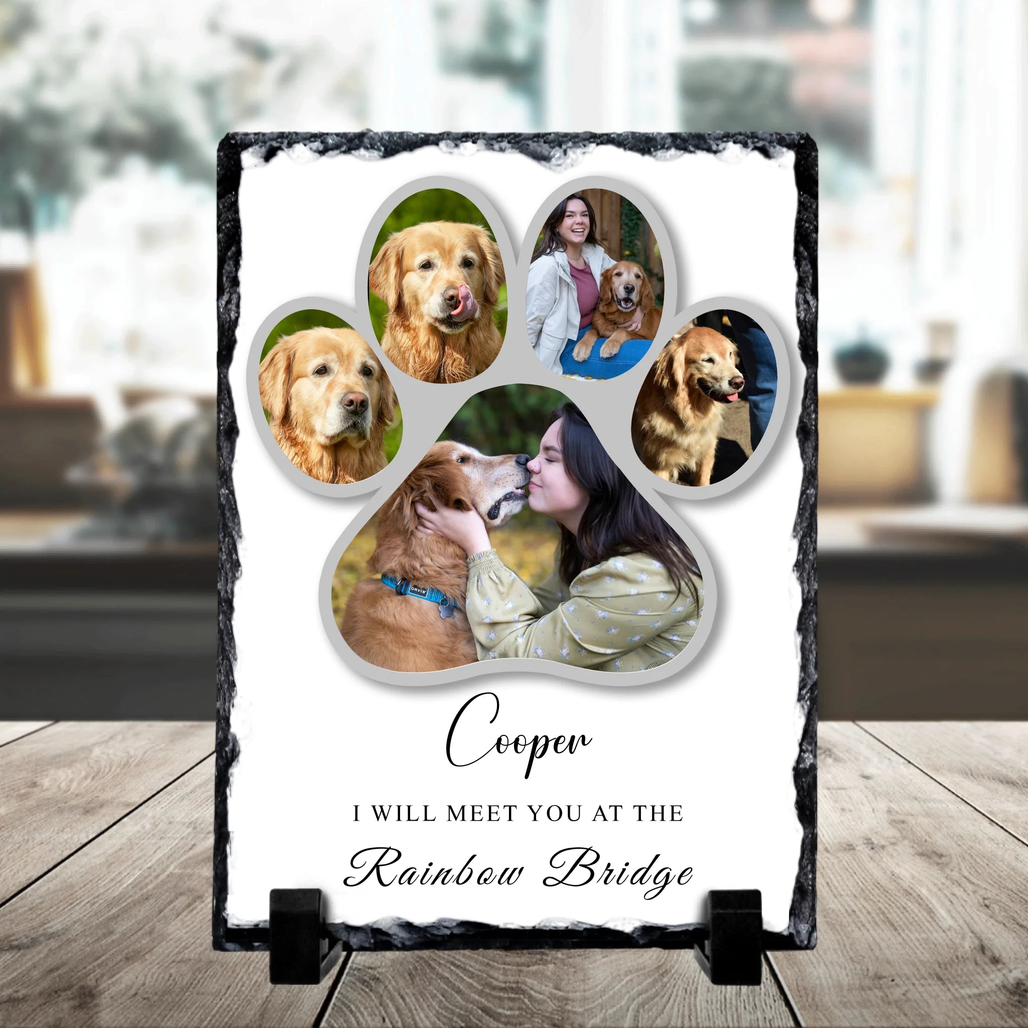 Custom pet memorial photo slate gift showing personalised paw print keepsake