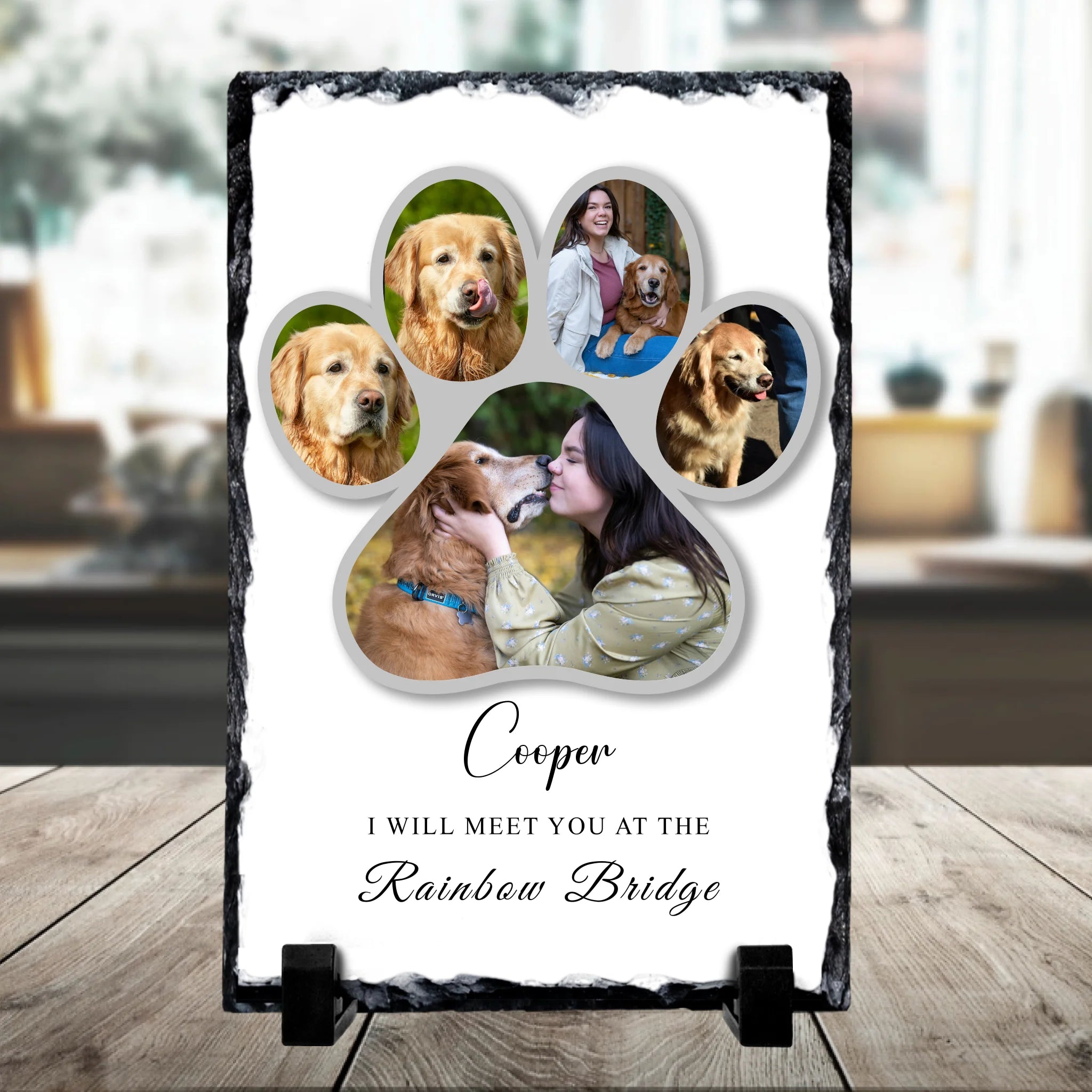 Close-up of personalised photo slate with Rainbow Bridge design for pet memorial