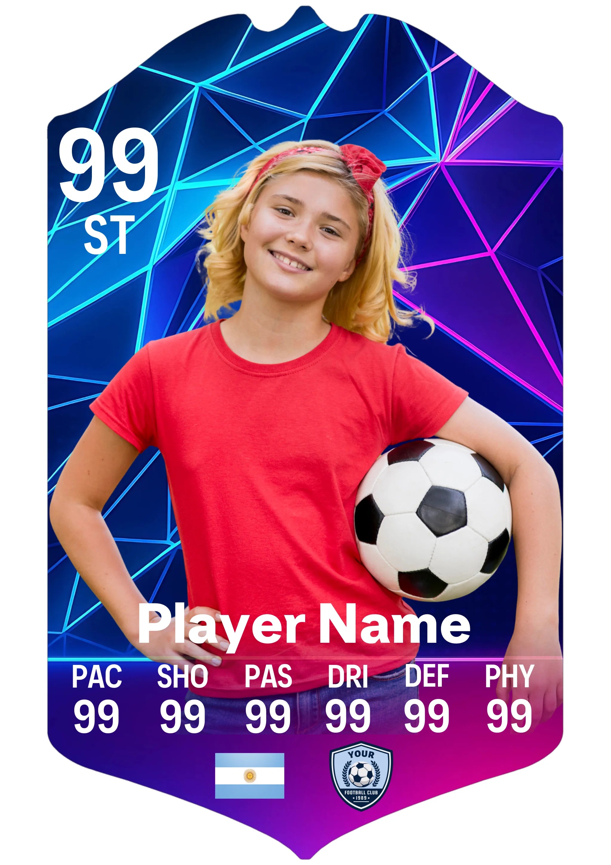 A5 personalised football card with neon geometric design, compact size for display