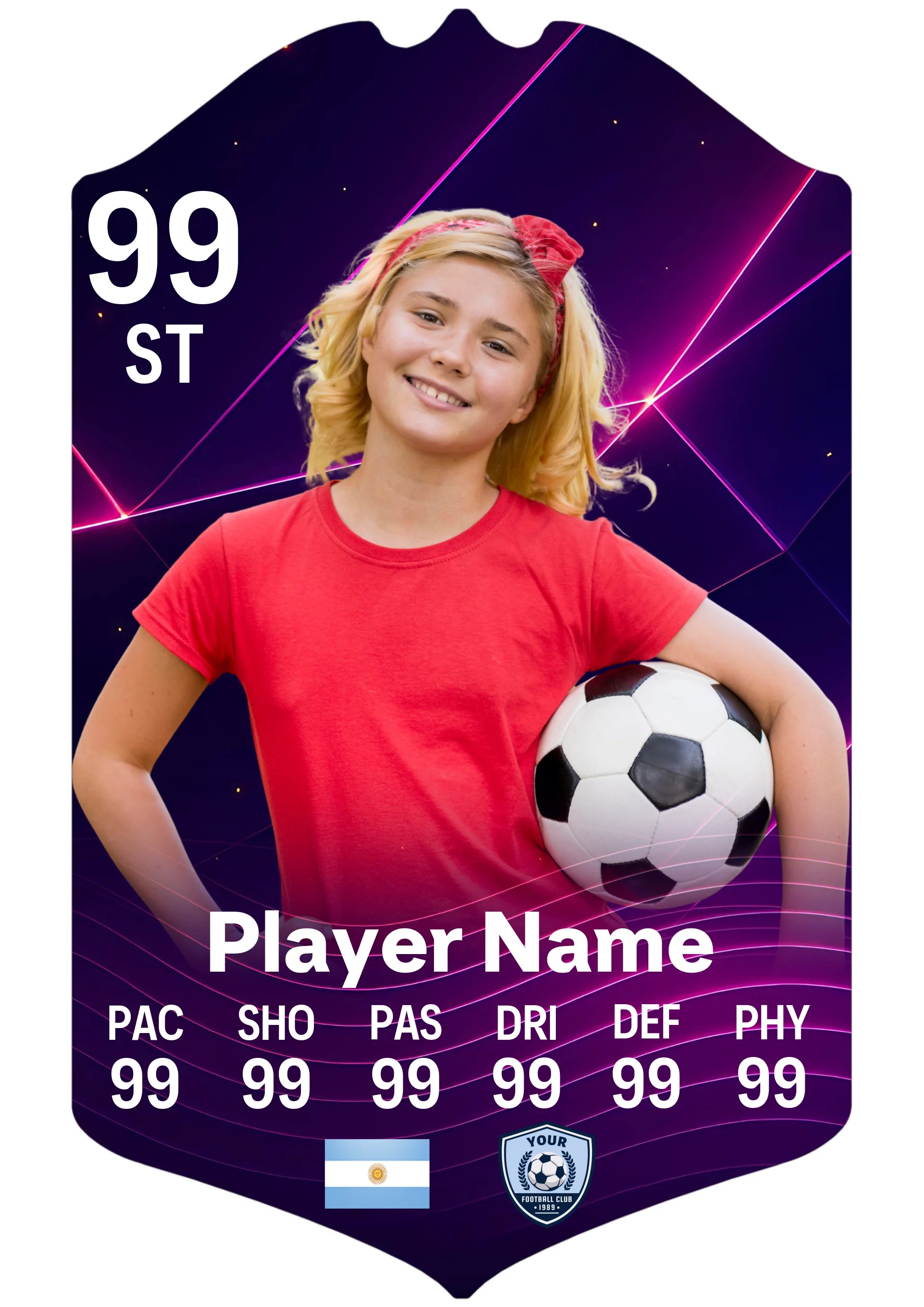 Small personalised football card purple geo design with custom name and stats