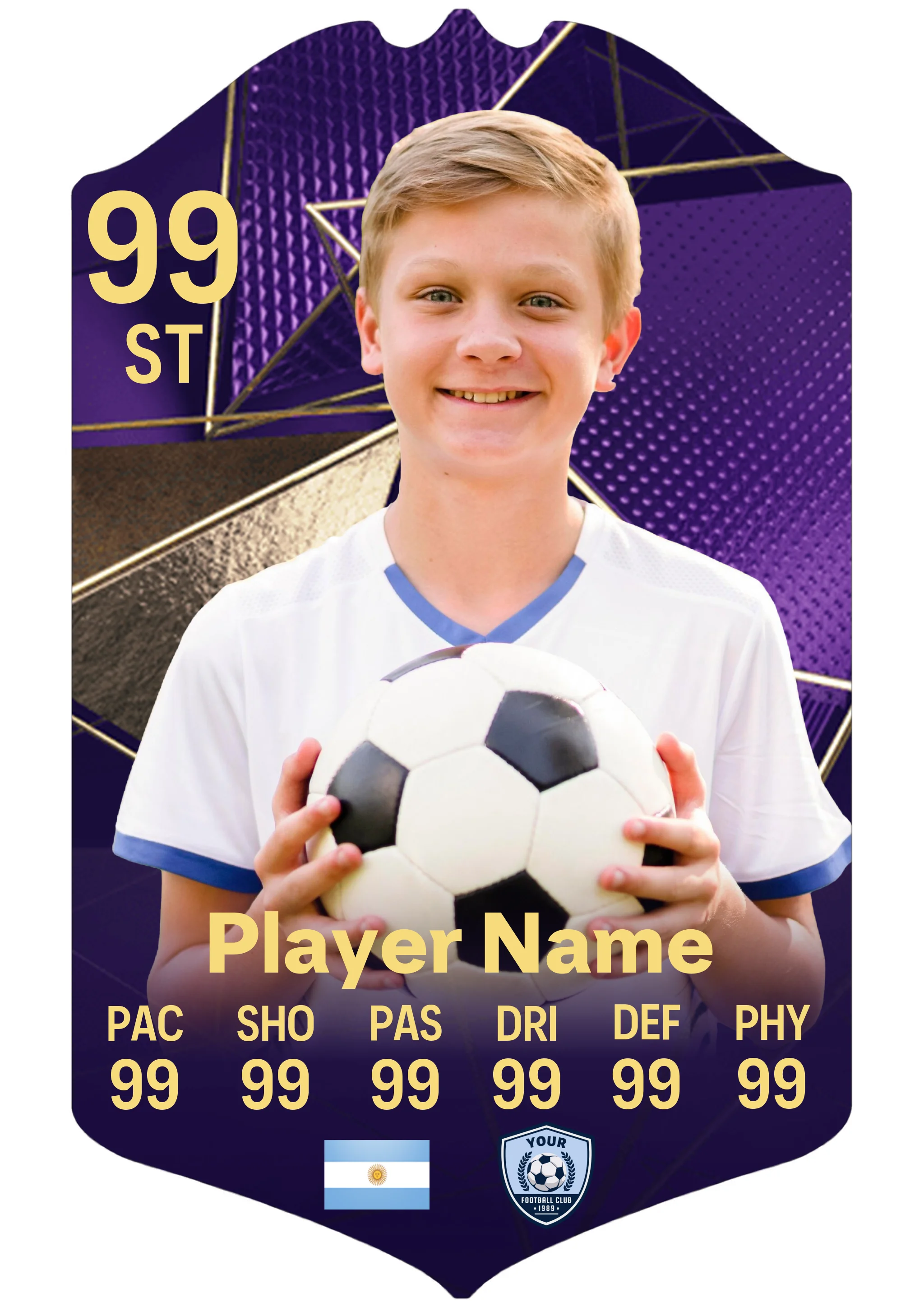 Small A5 personalised football card in Pro Purple design on glossy aluminium