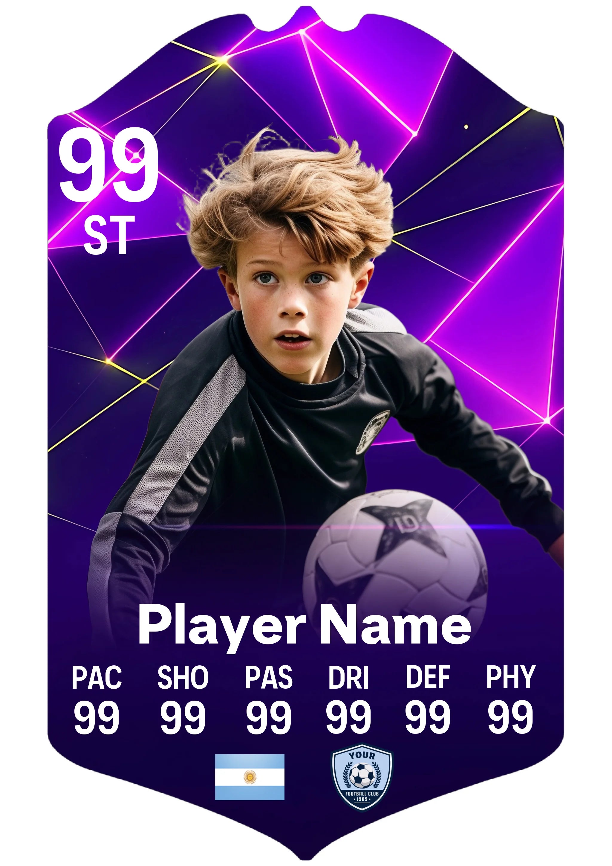 Small A5 personalised aluminium football card with neon geometric design and player name