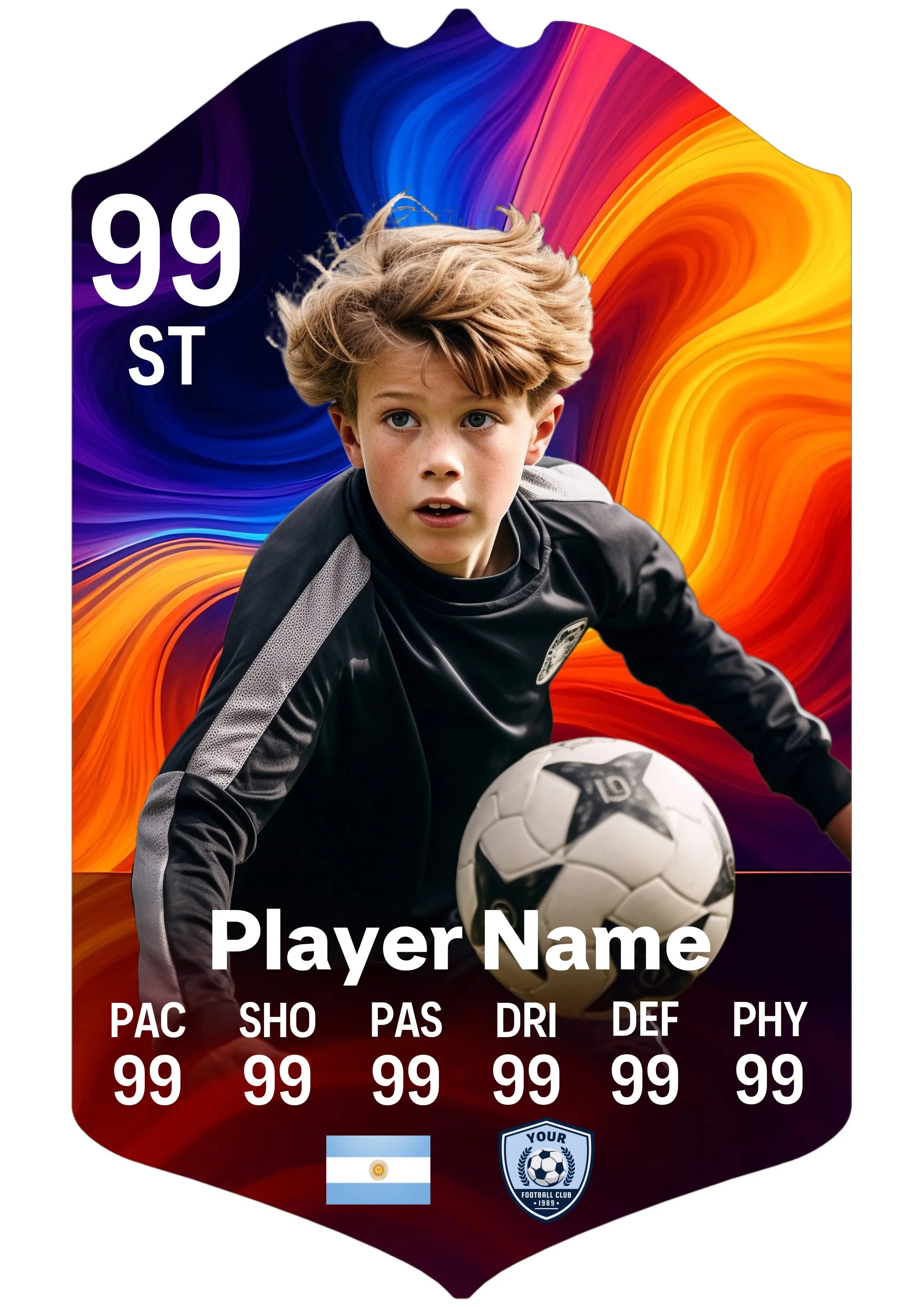 Small A5 personalised football card with colourful smoke design on aluminium