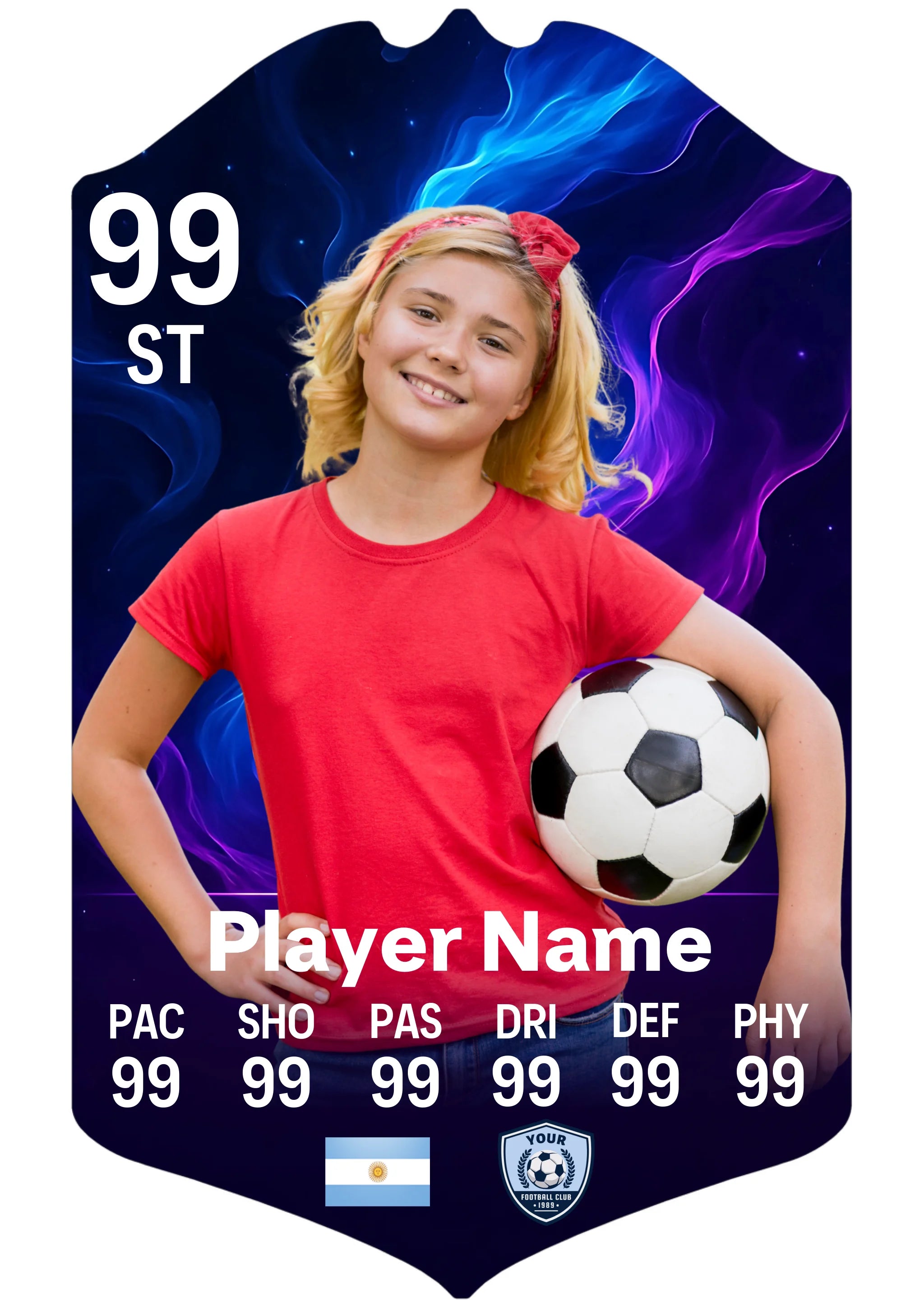 A5 small personalised football card in blue and purple smoke design shown as a standalone card