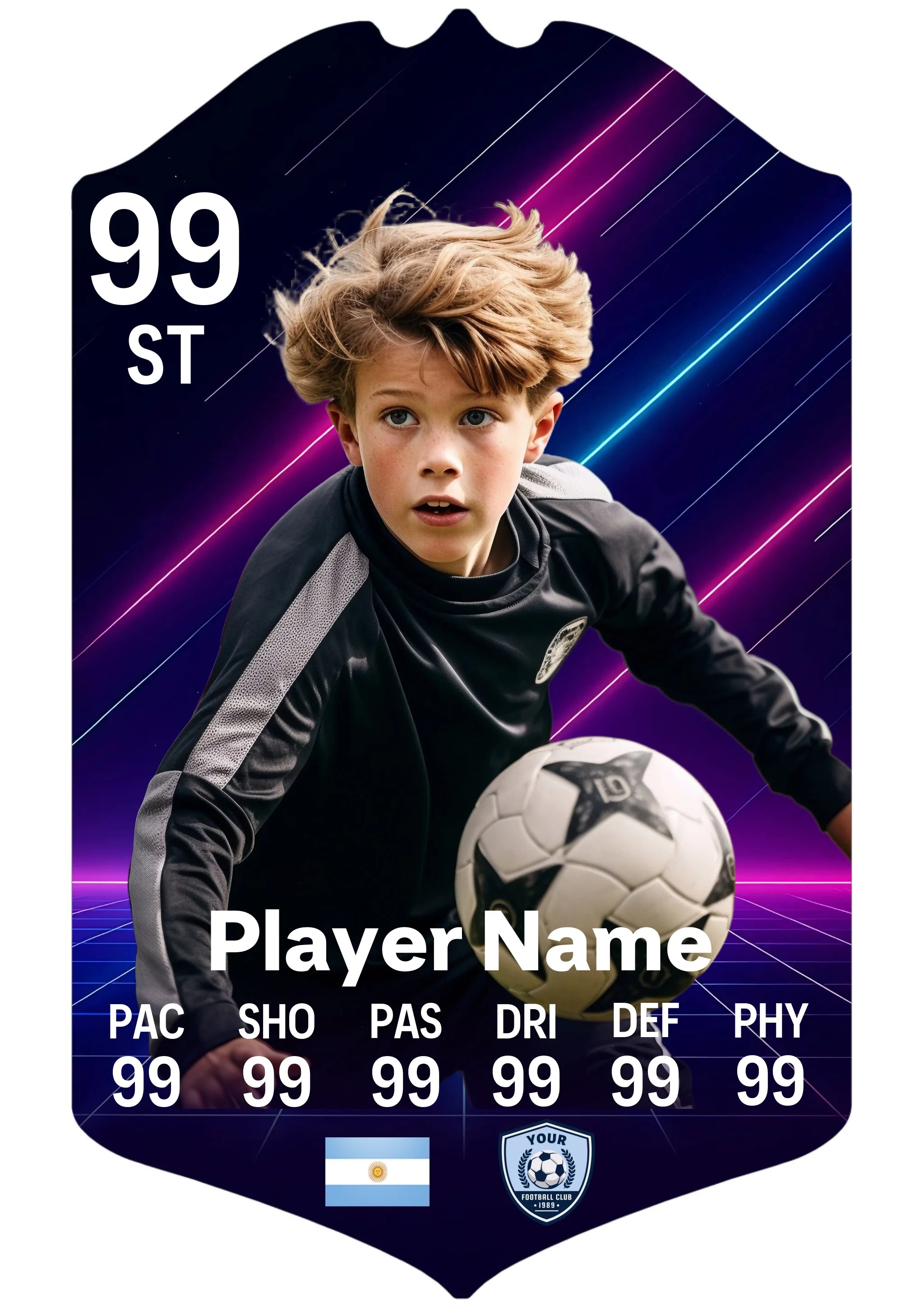 Small personalised football card neon grid design showing custom stats and player photo