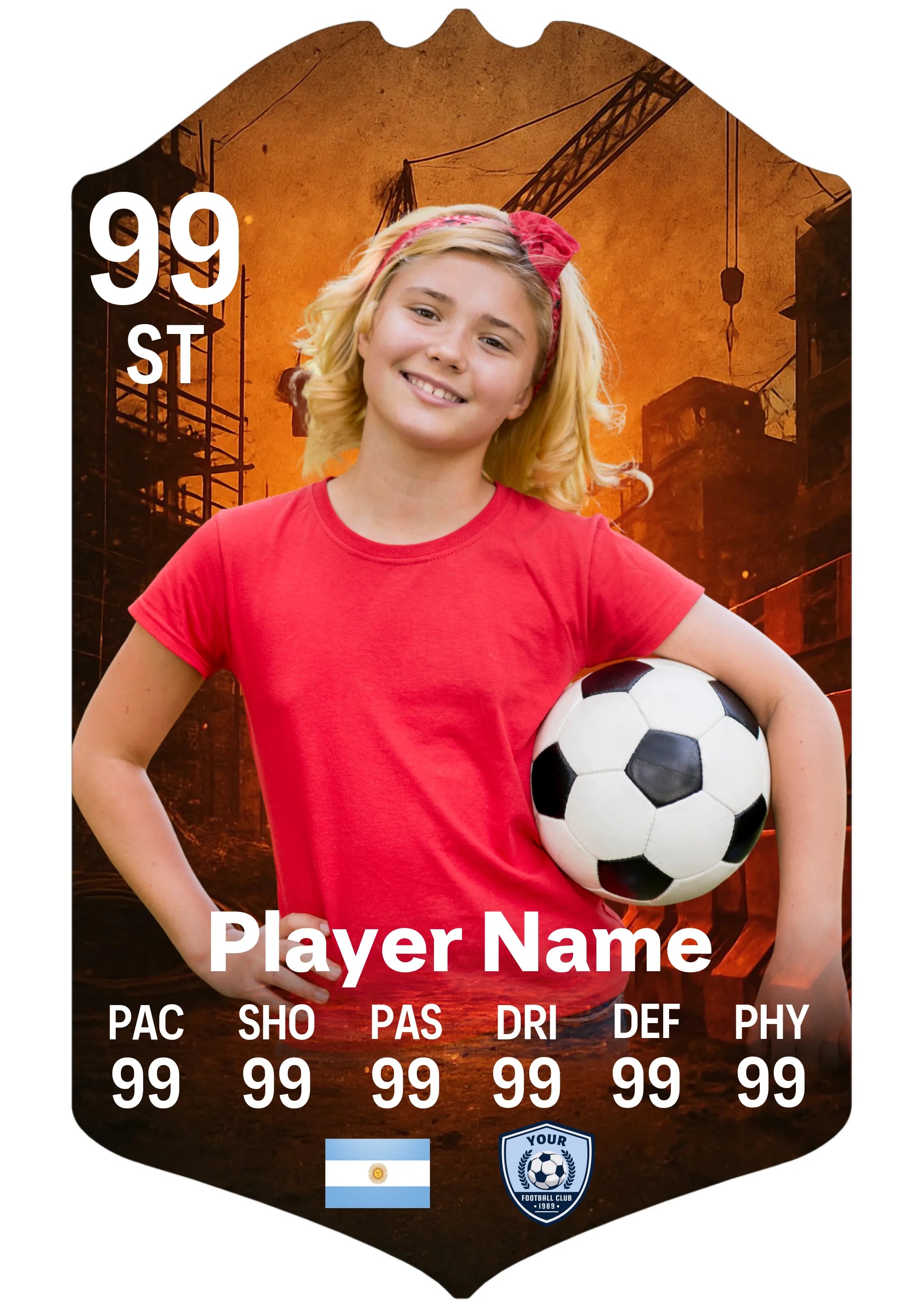 A5 personalised football card with construction design on glossy aluminium