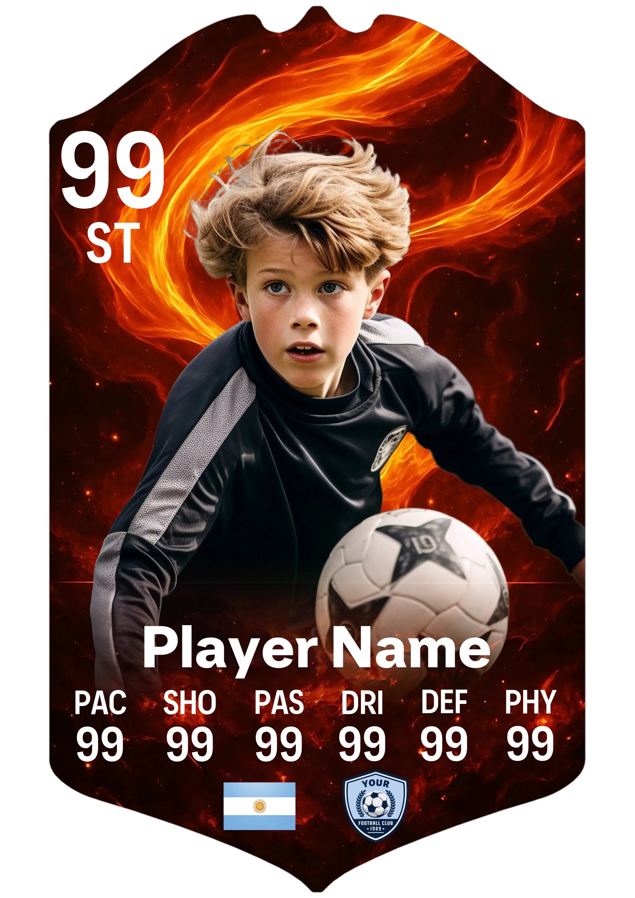 Small A5 personalised football card Double Flames design on premium glossy aluminium