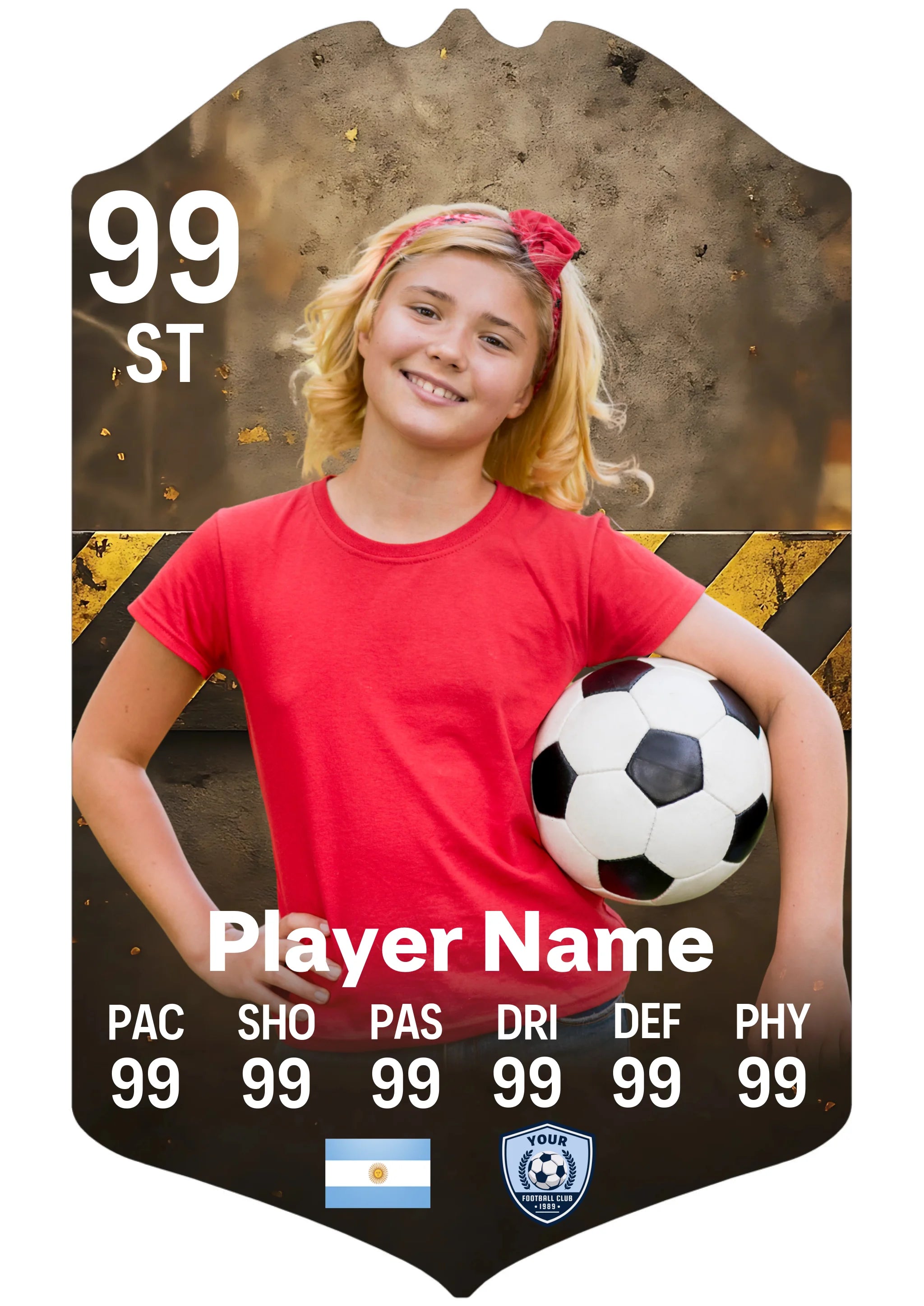 Small A5 personalised football card gift showing custom player name and stats
