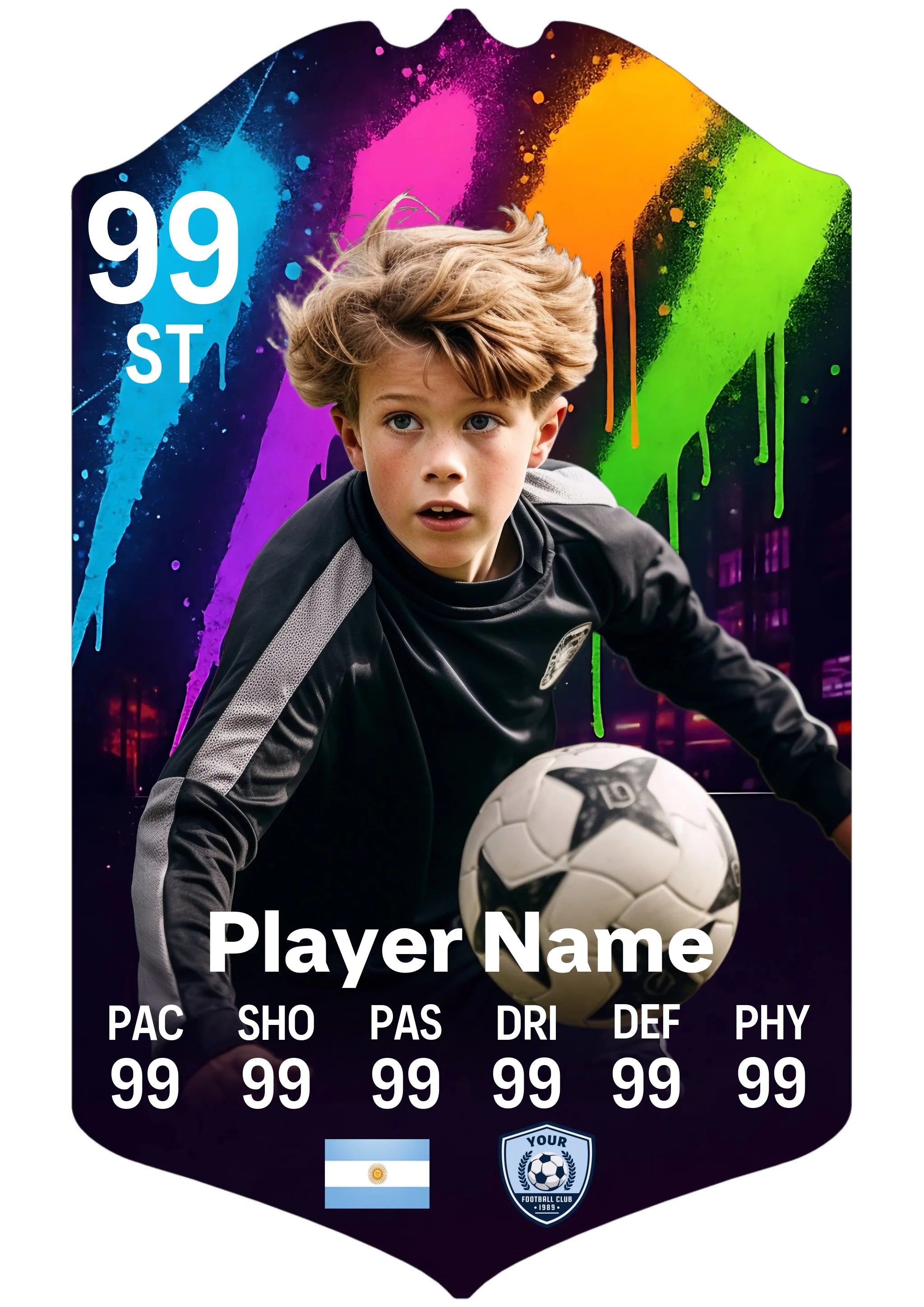 Small A5 custom football card gift with player photo and personalised stats
