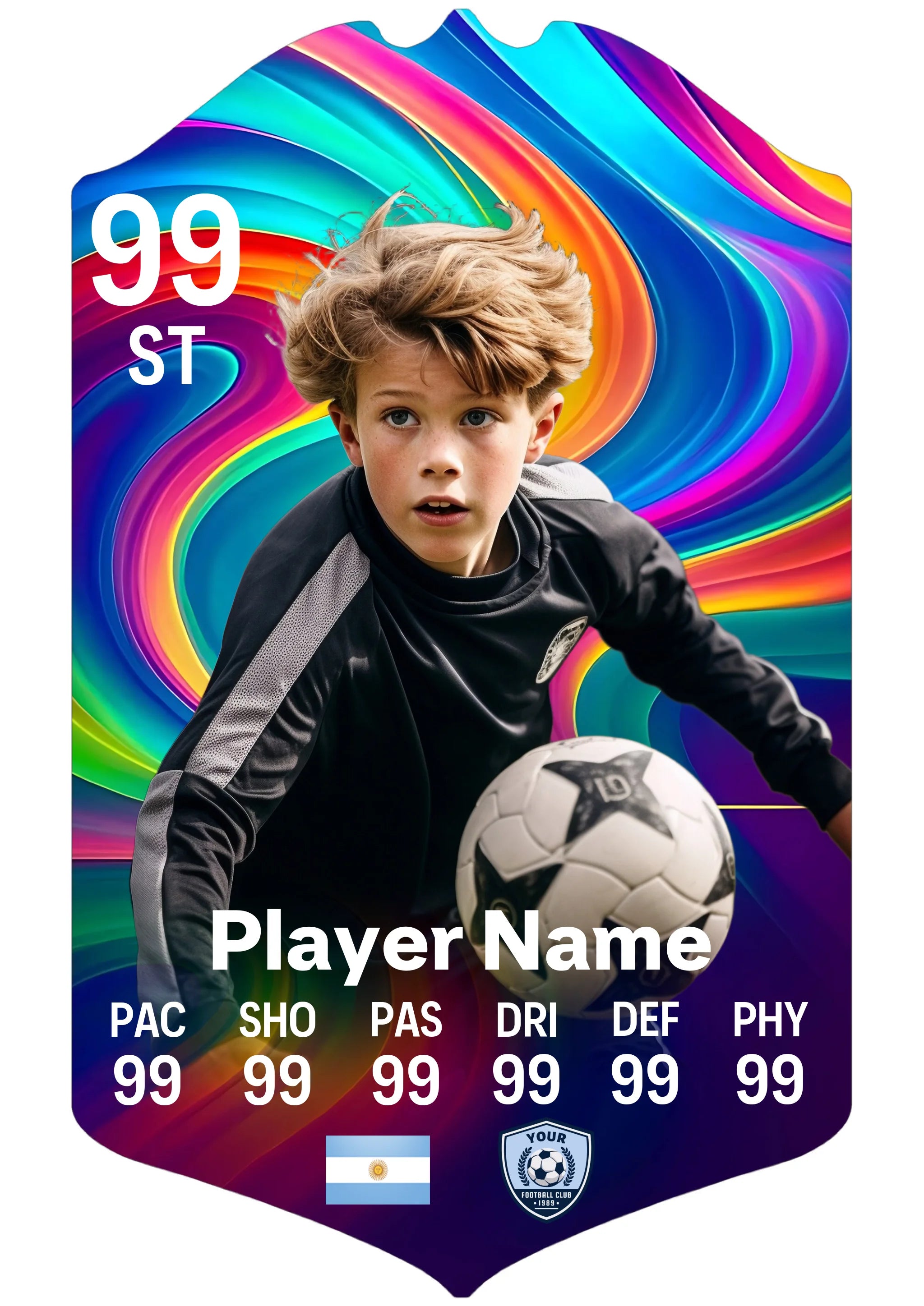A5 personalised football card rainbow smoke design on glossy aluminium from Scottsy