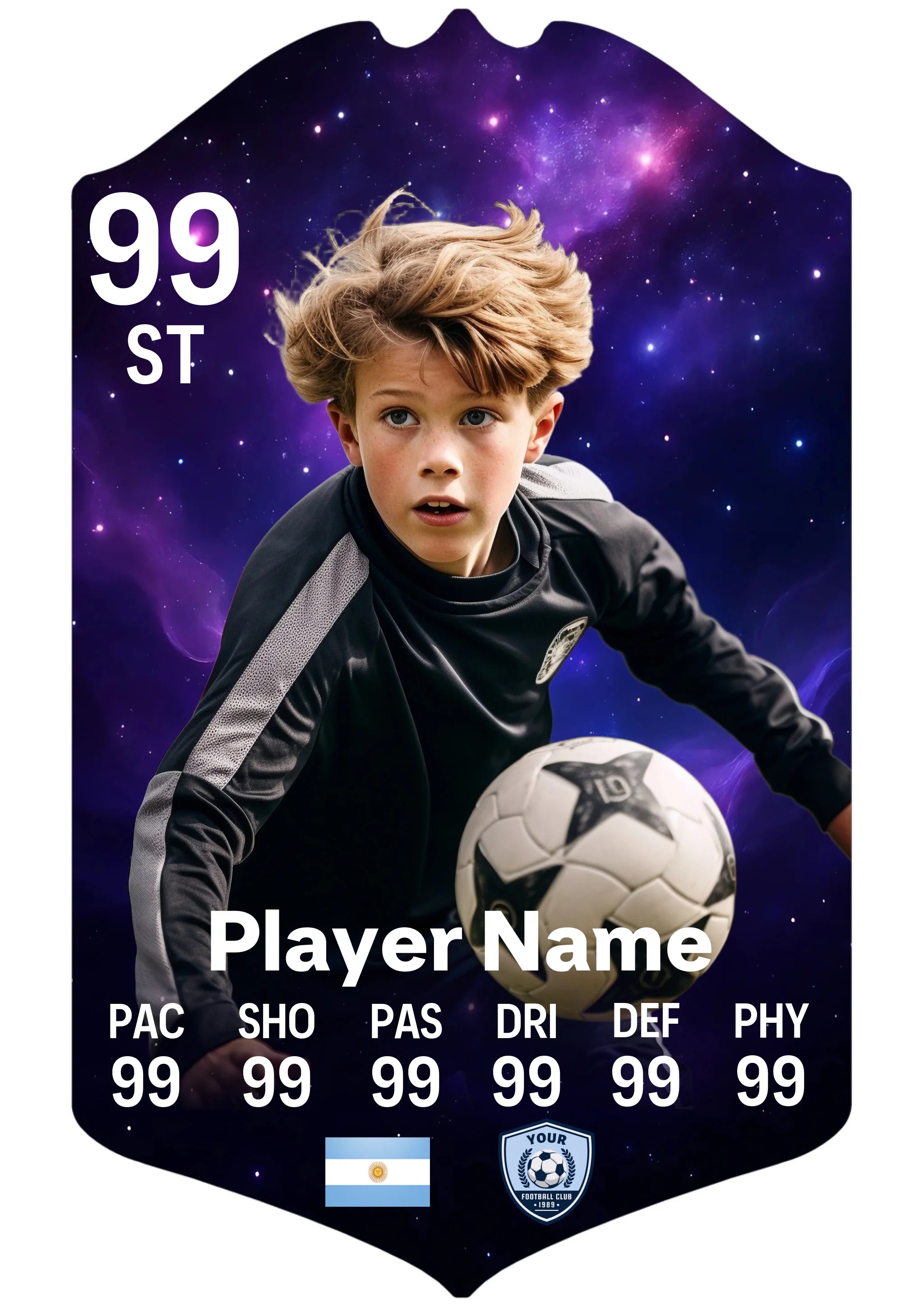 Small A5 personalised football card with custom player stats and name