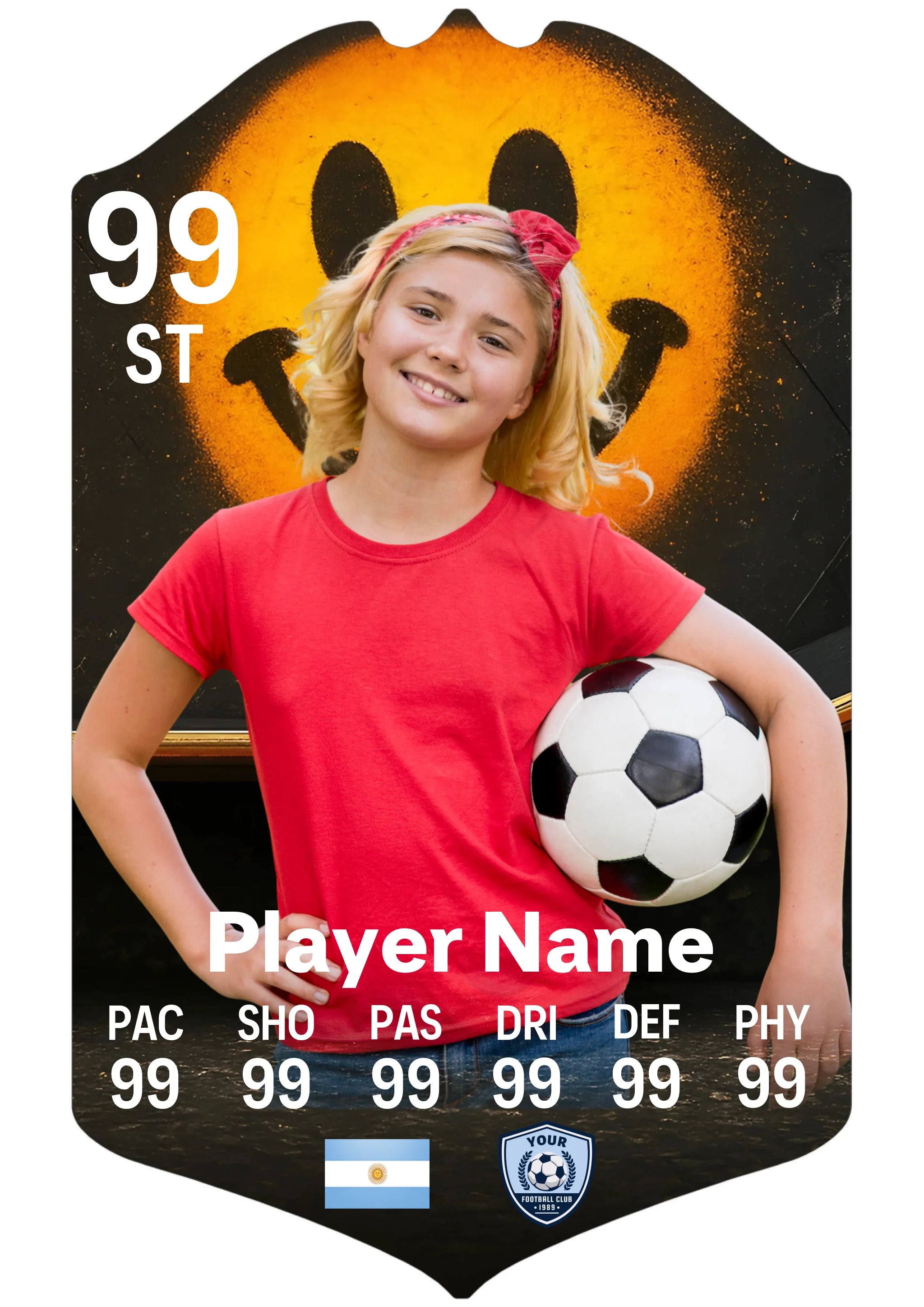 A5 personalised aluminium football card with skater emoji design and player details