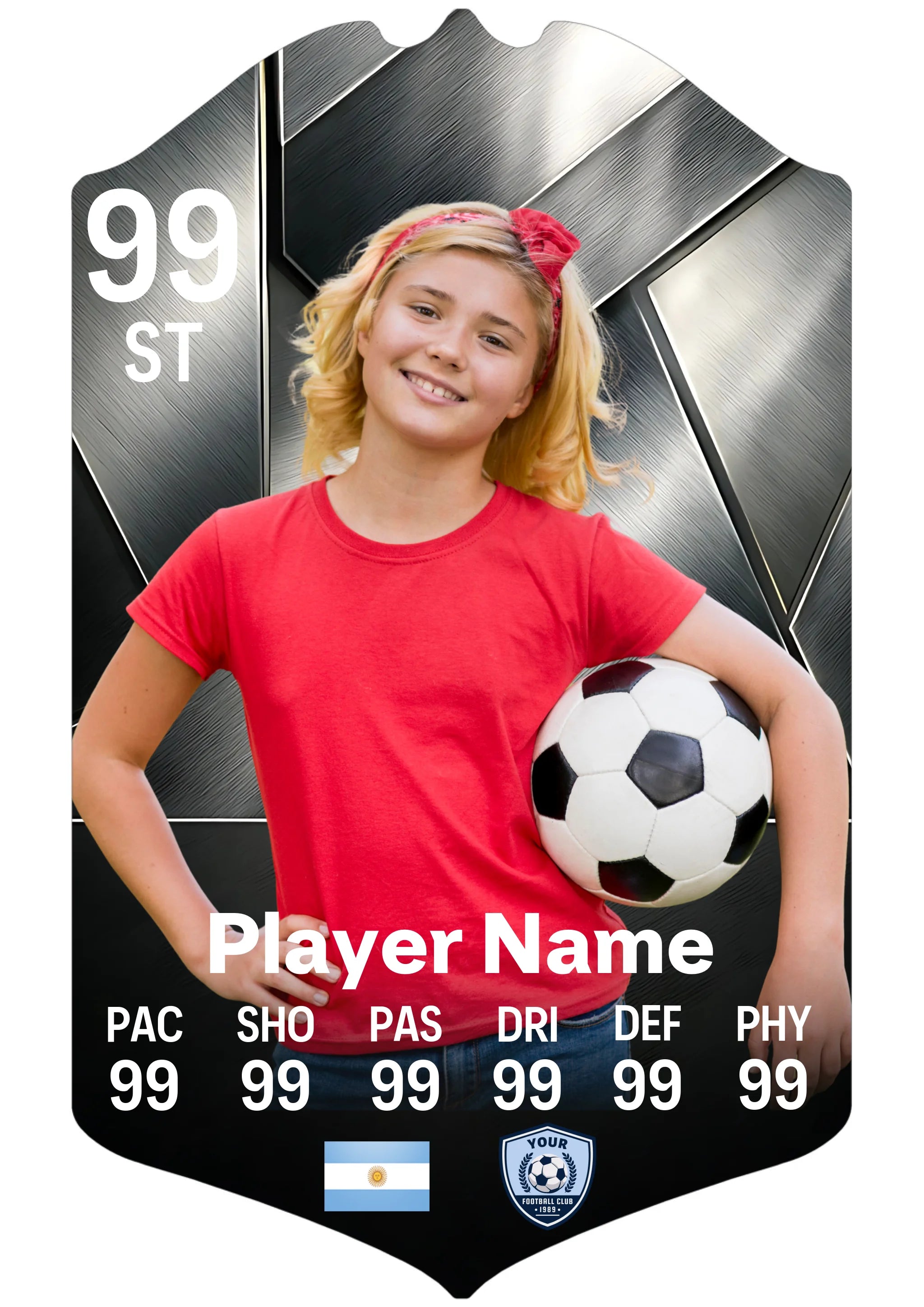A5 personalised football card on aluminium with custom player name, stats and club
