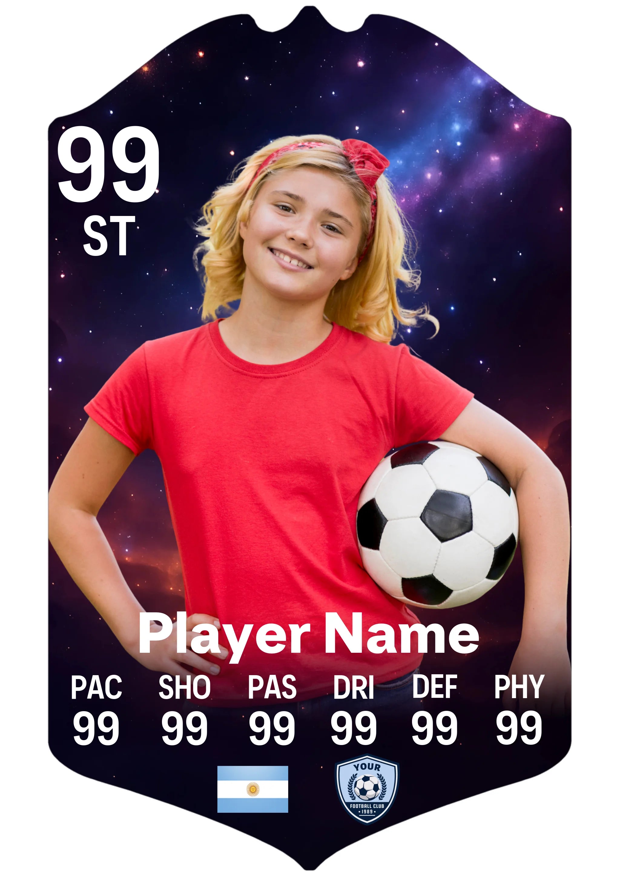 A5 personalised football card outer space design on glossy aluminium