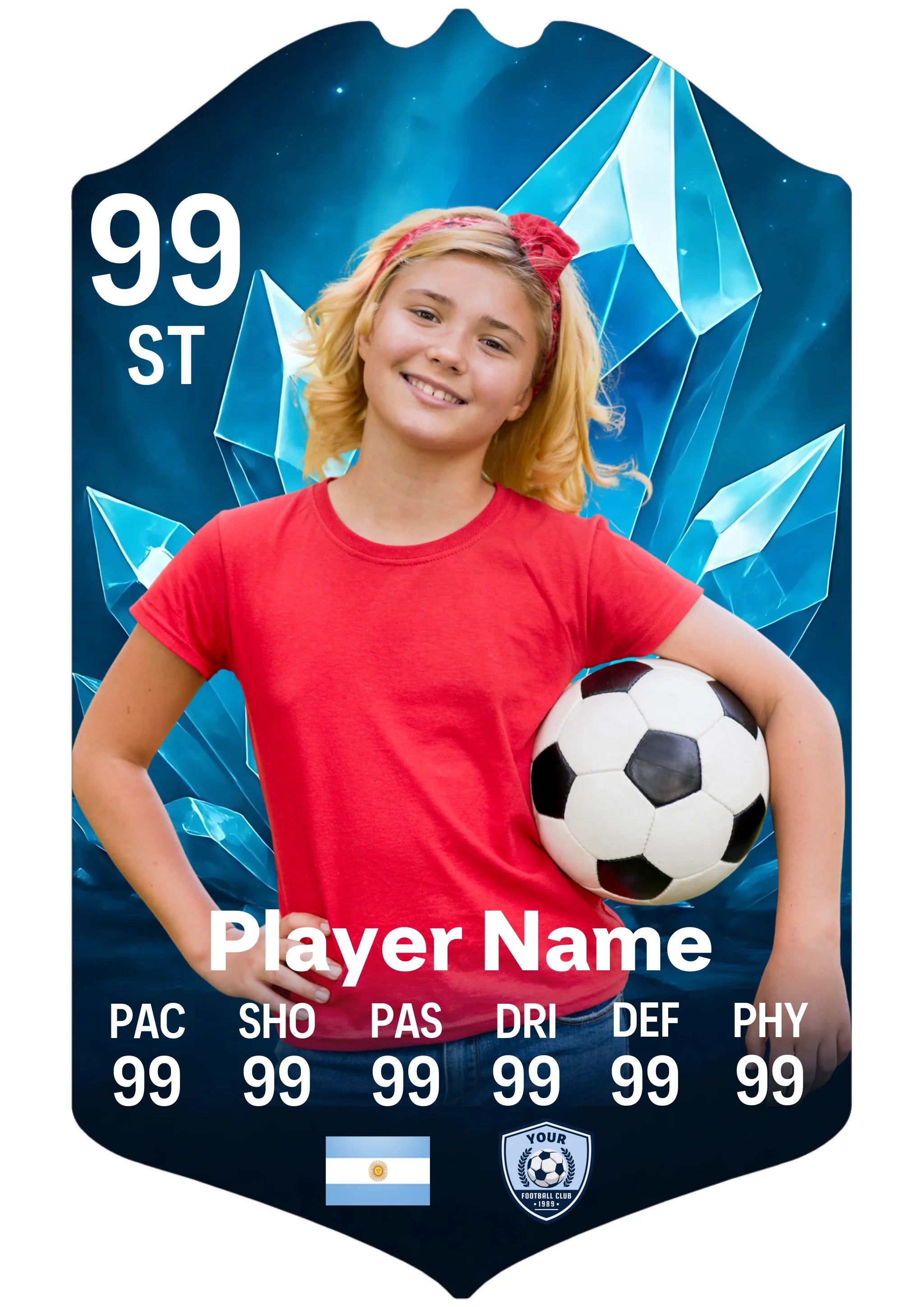 A5 personalised aluminium football card with ice crystals design displaying player stats