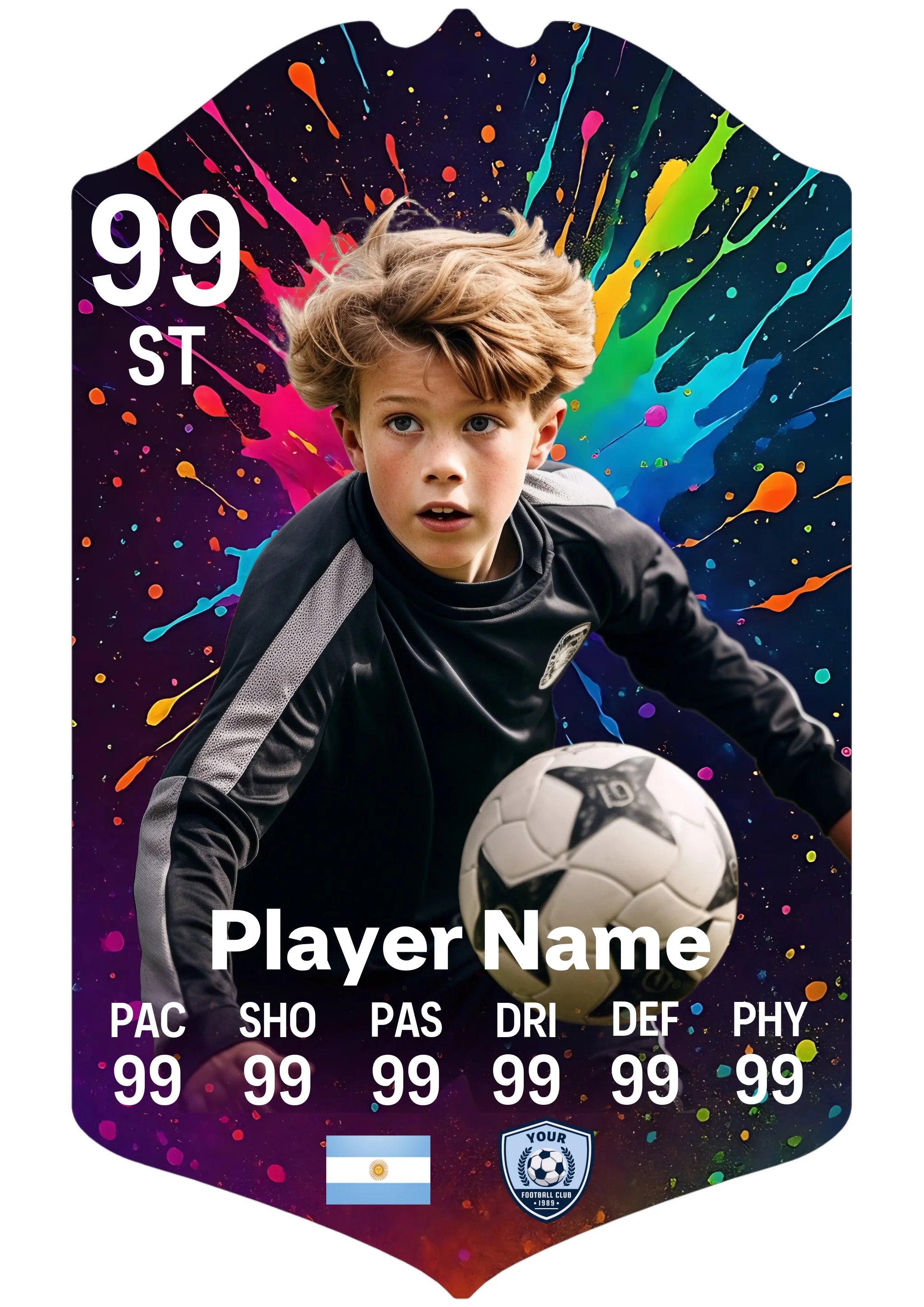 A5 personalised football card paint explosion aluminium card with custom name and club