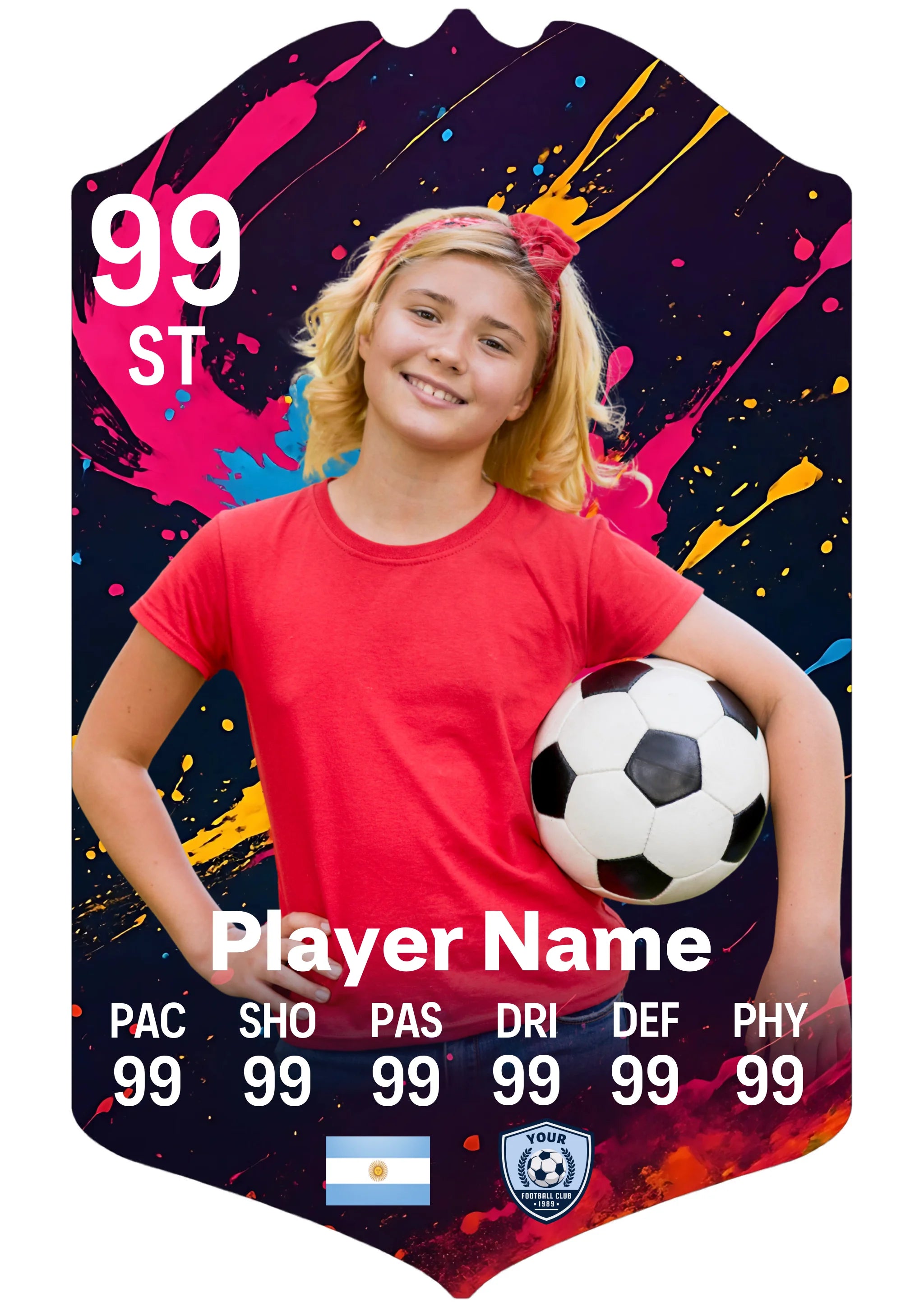 Small A5 personalised football card with paint splatter design on glossy aluminium