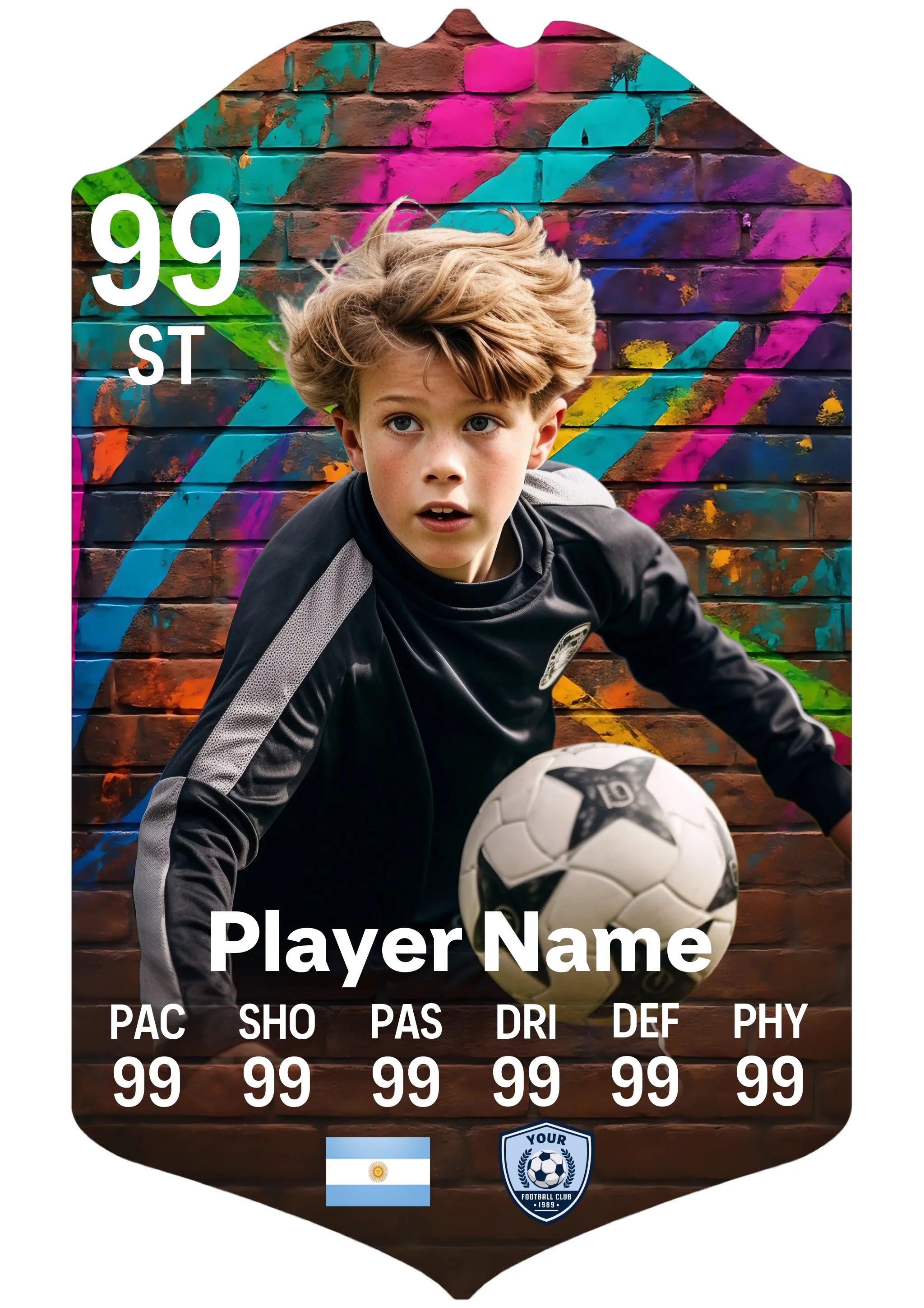 A5 personalised football card with graffiti wall design on aluminium