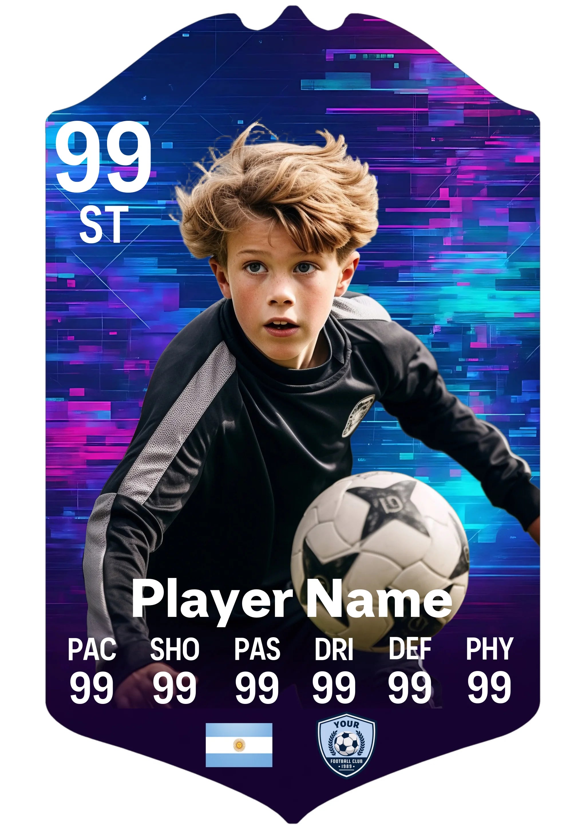 A5 personalised football card with glitch design on glossy aluminium