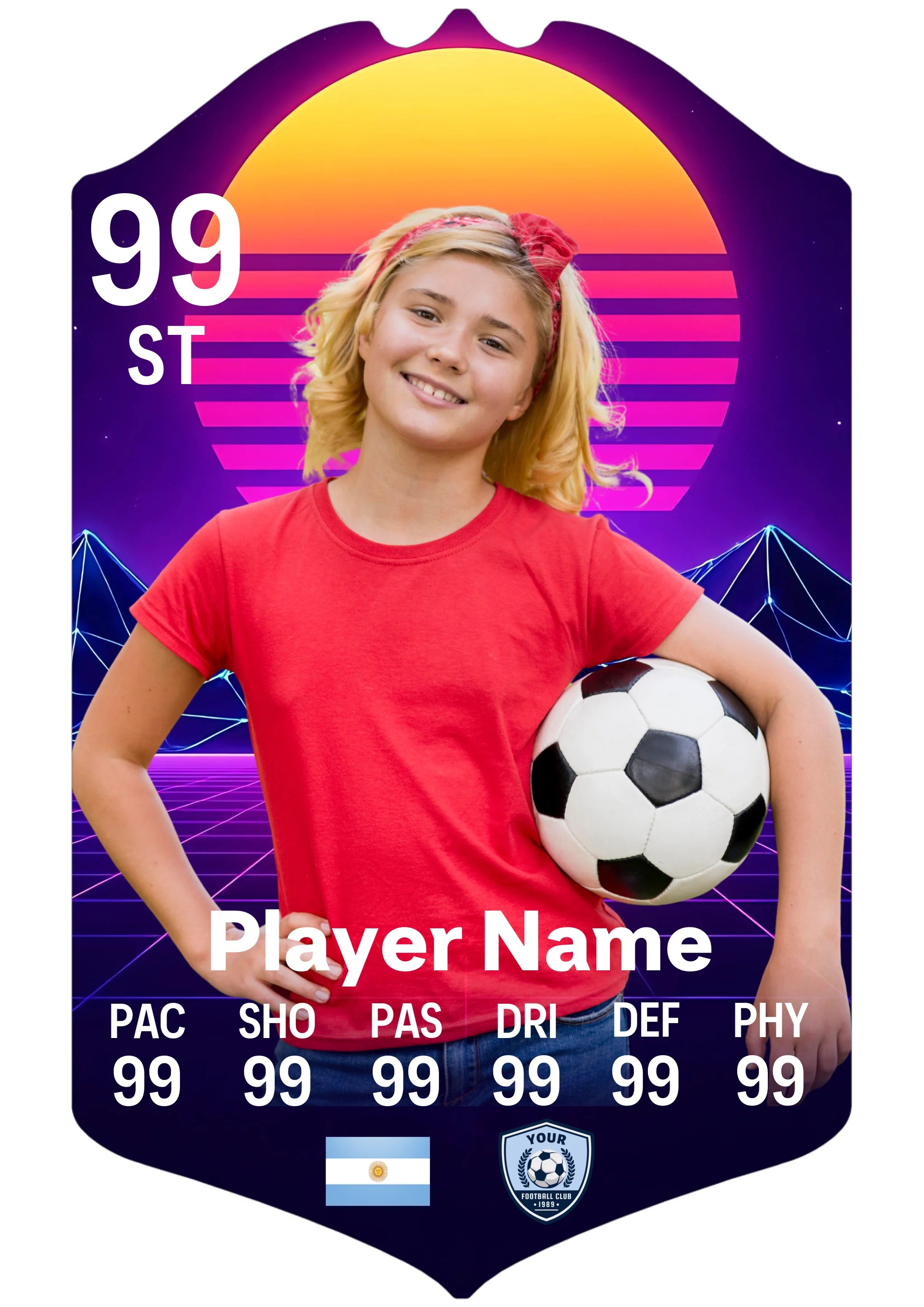 A5 personalised football card in retro synthwave style with custom photo and stats printed on glossy aluminium