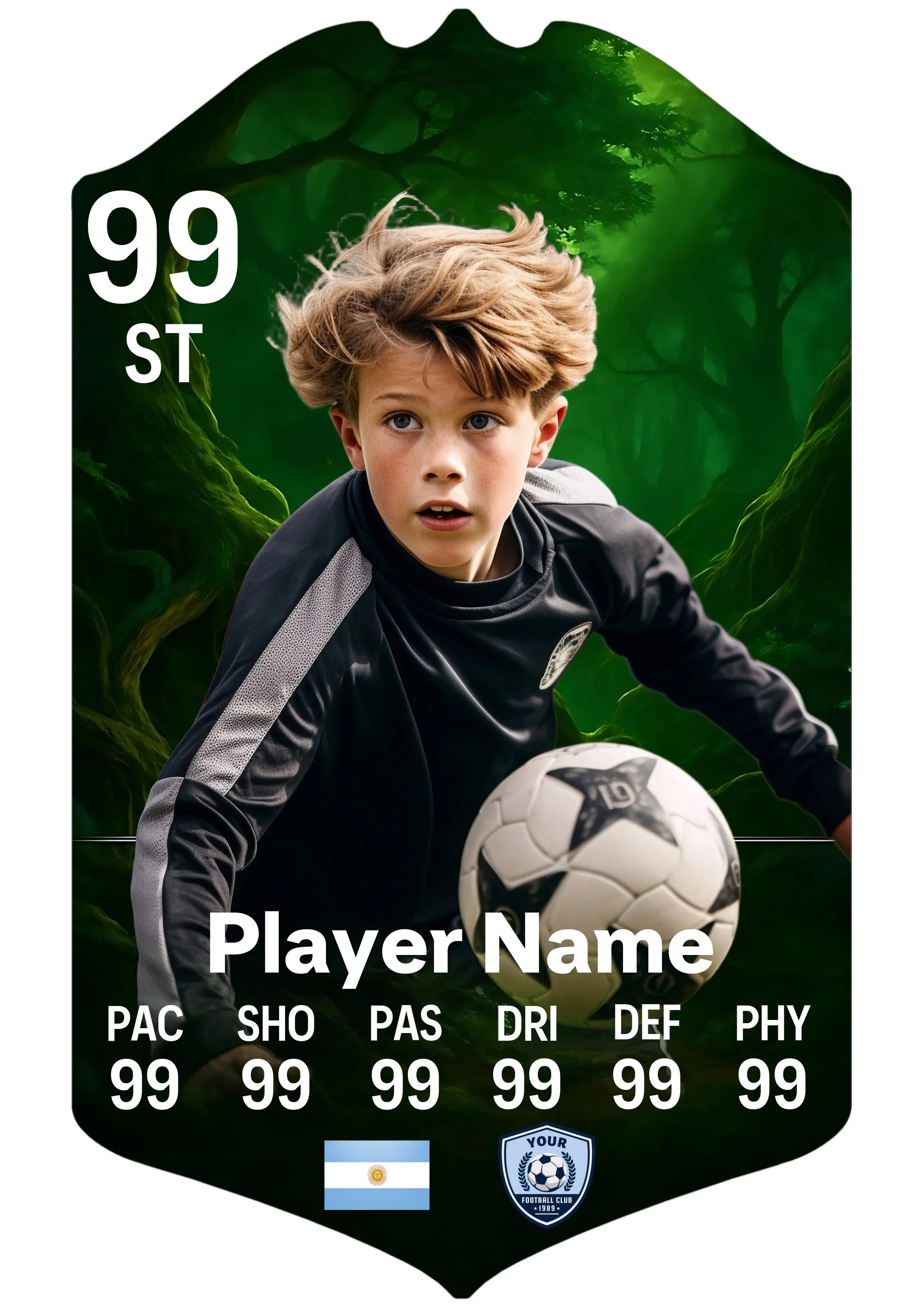 Small personalised football card with spooky forest design displayed on an aluminium stand
