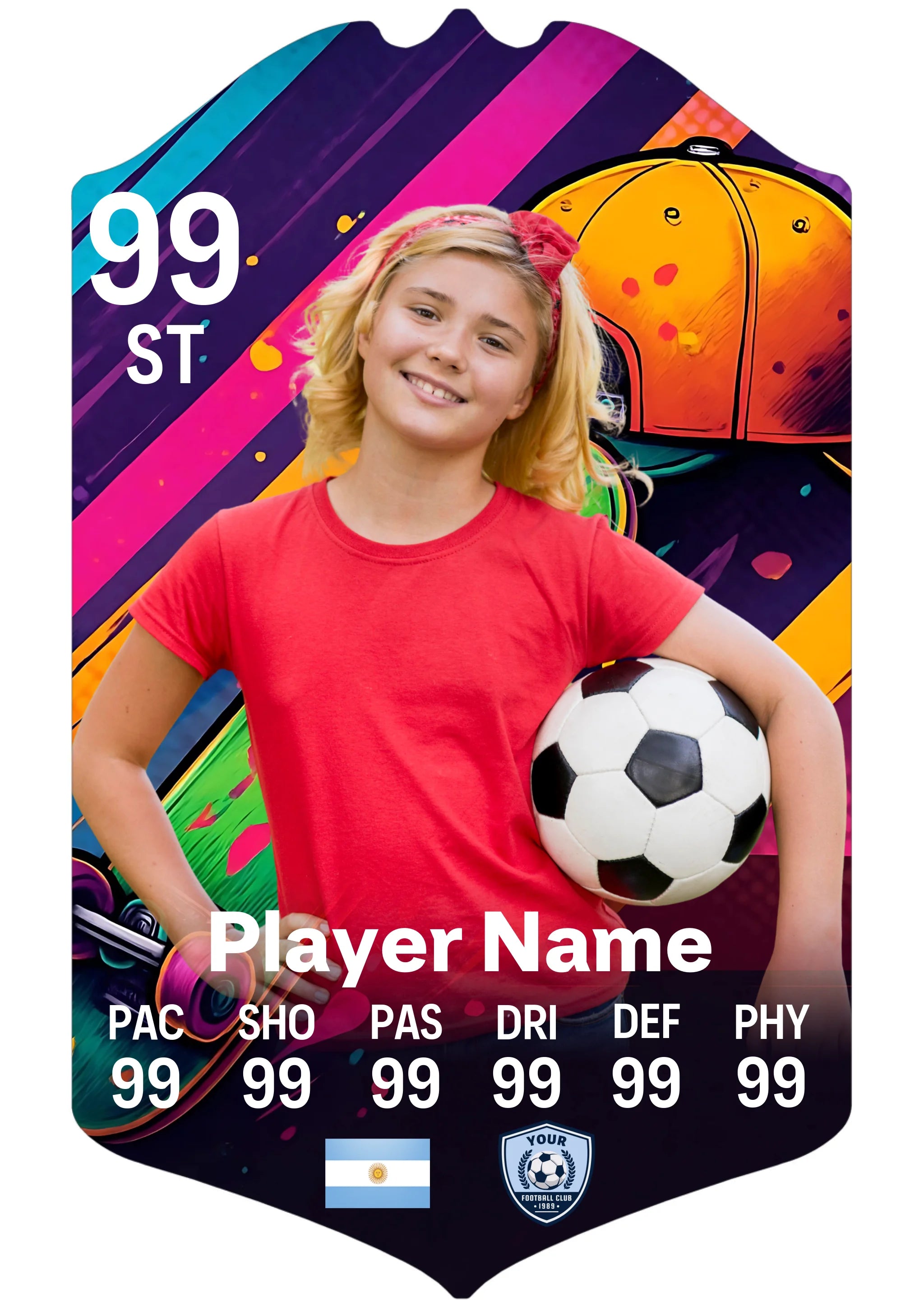 A5 personalised football card on glossy aluminium with customisable player stats