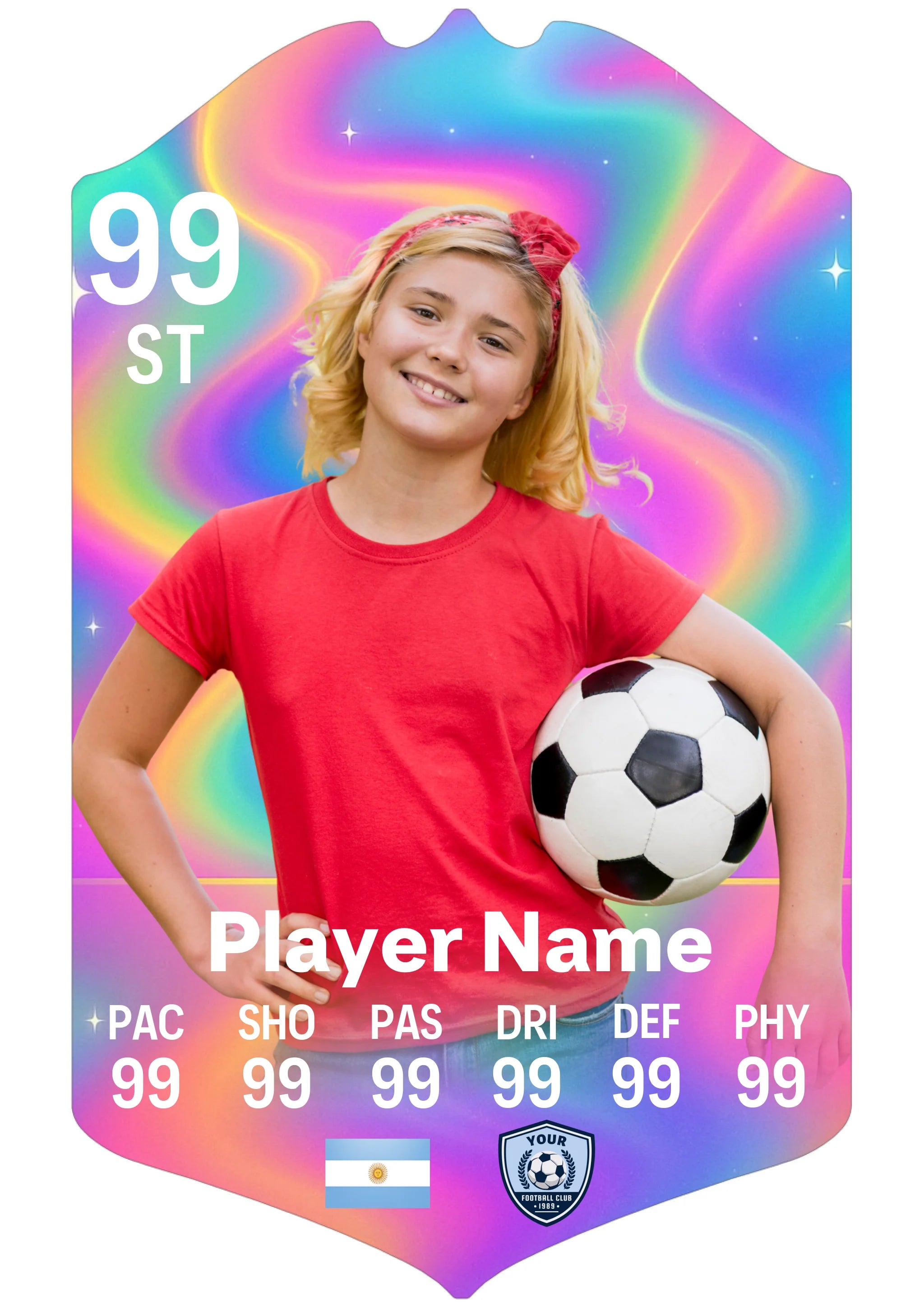 Small A5 personalised football card on glossy aluminium with player stats