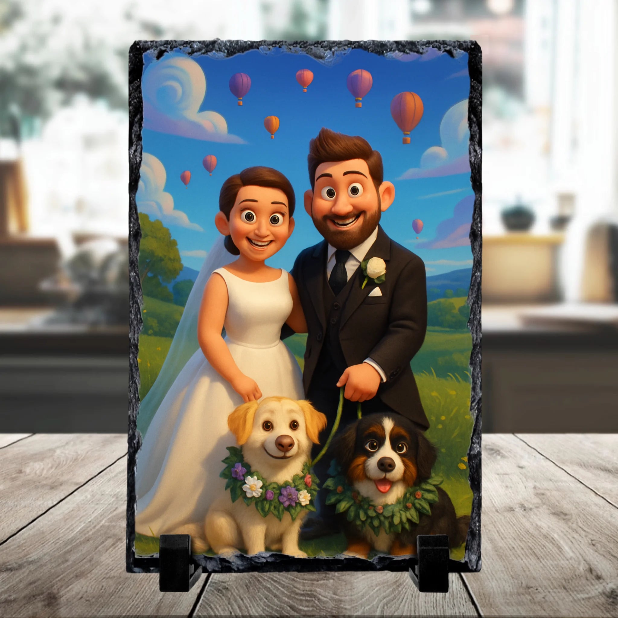 Personalised photo slate with a cartoon effect couple portrait, printed on natural slate