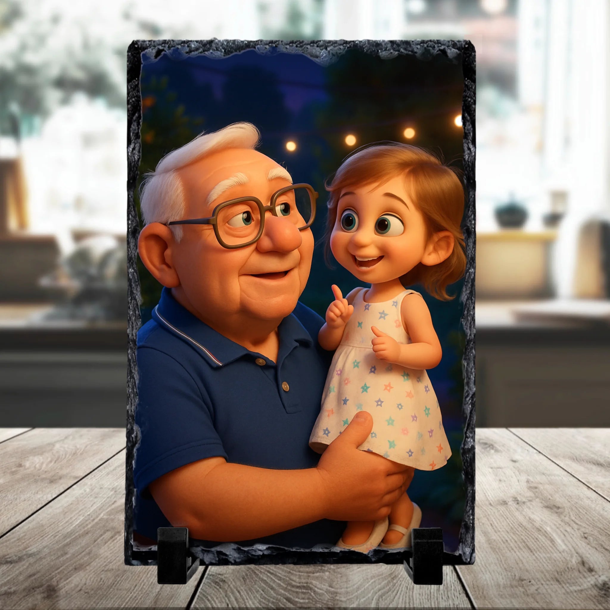 Personalised photo slate with a cartoon-effect portrait of a grandparent and child
