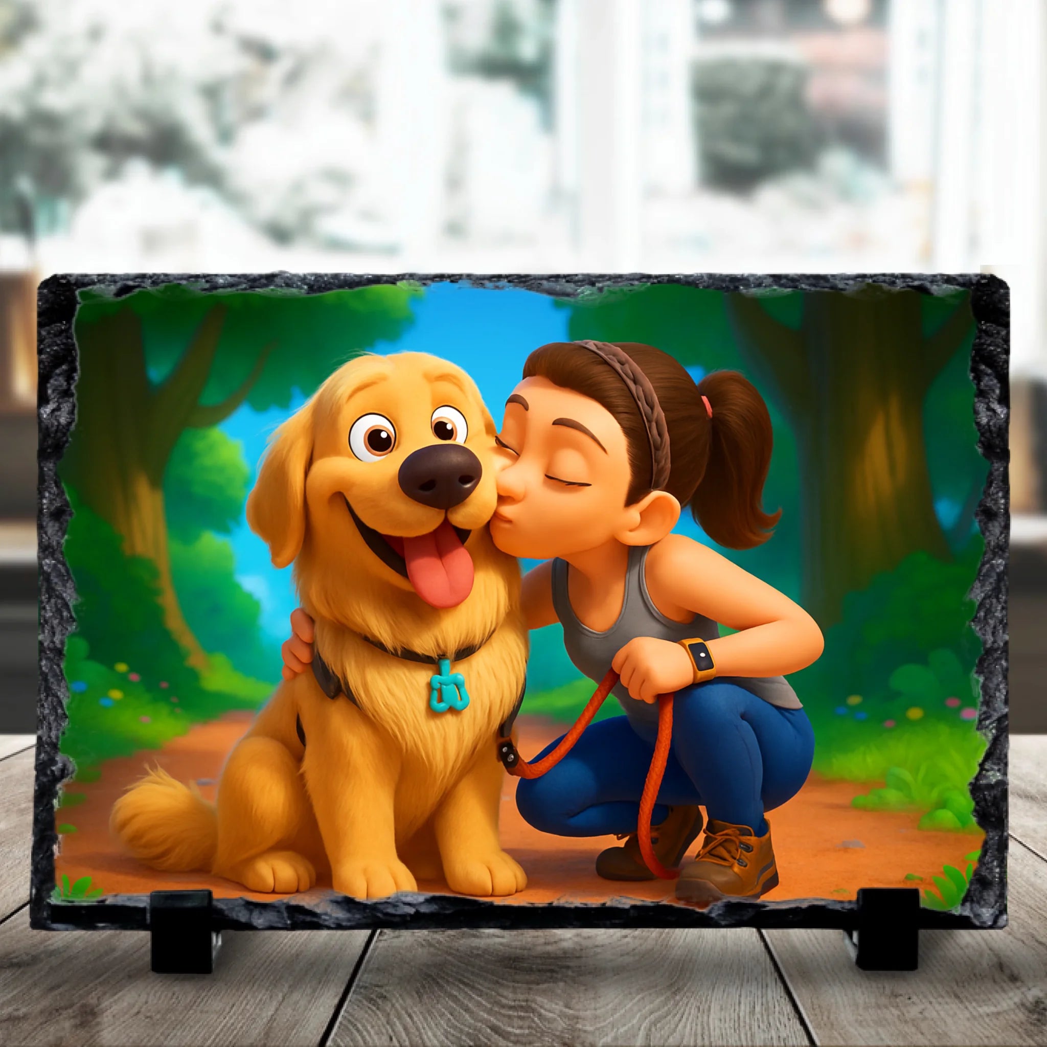 Personalised photo slate with a cartoon effect portrait of a pet and their owner