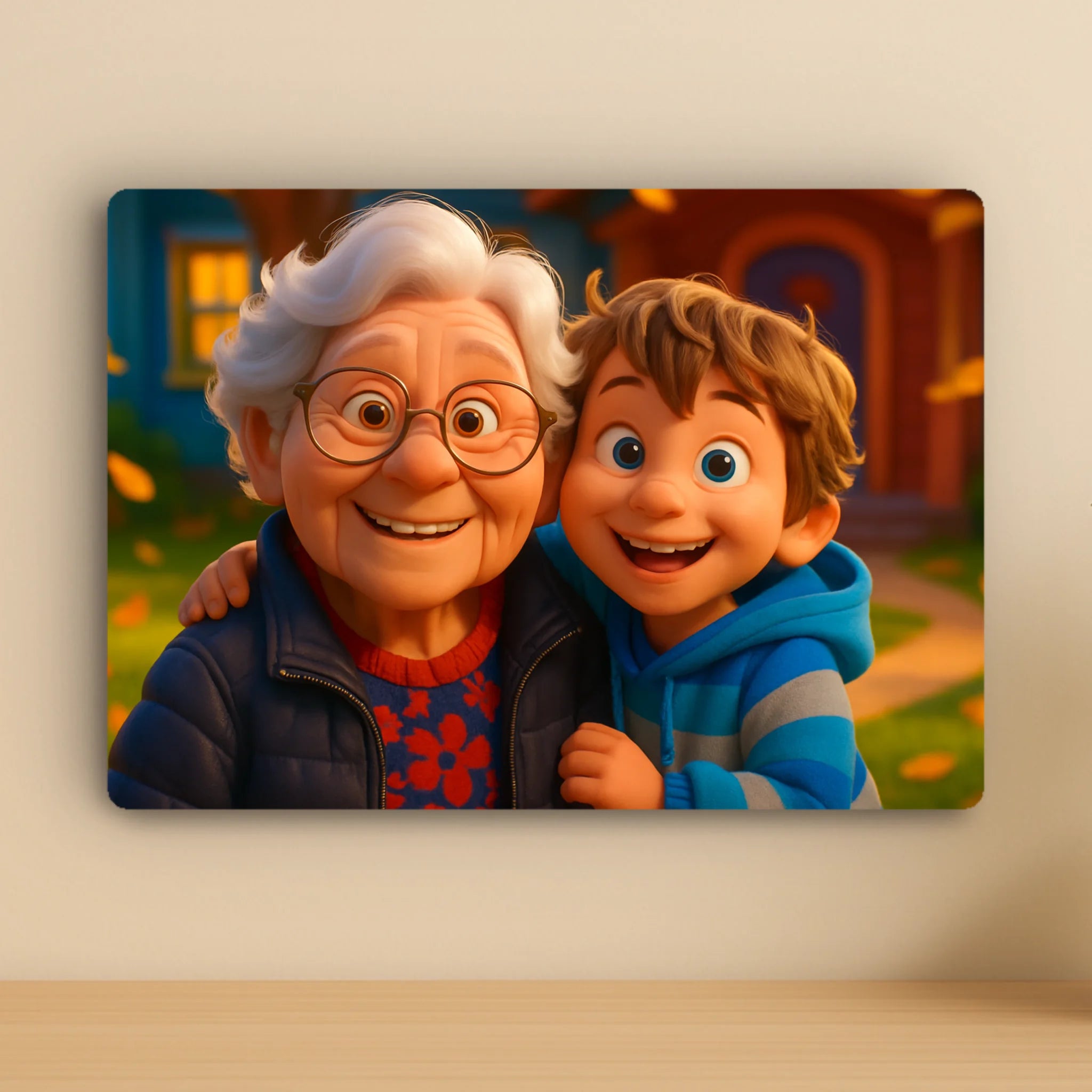 Custom Personalised Aluminium Photo Panel – Cartoon Effect Grandparent Portrait Gift, Family Wall Display